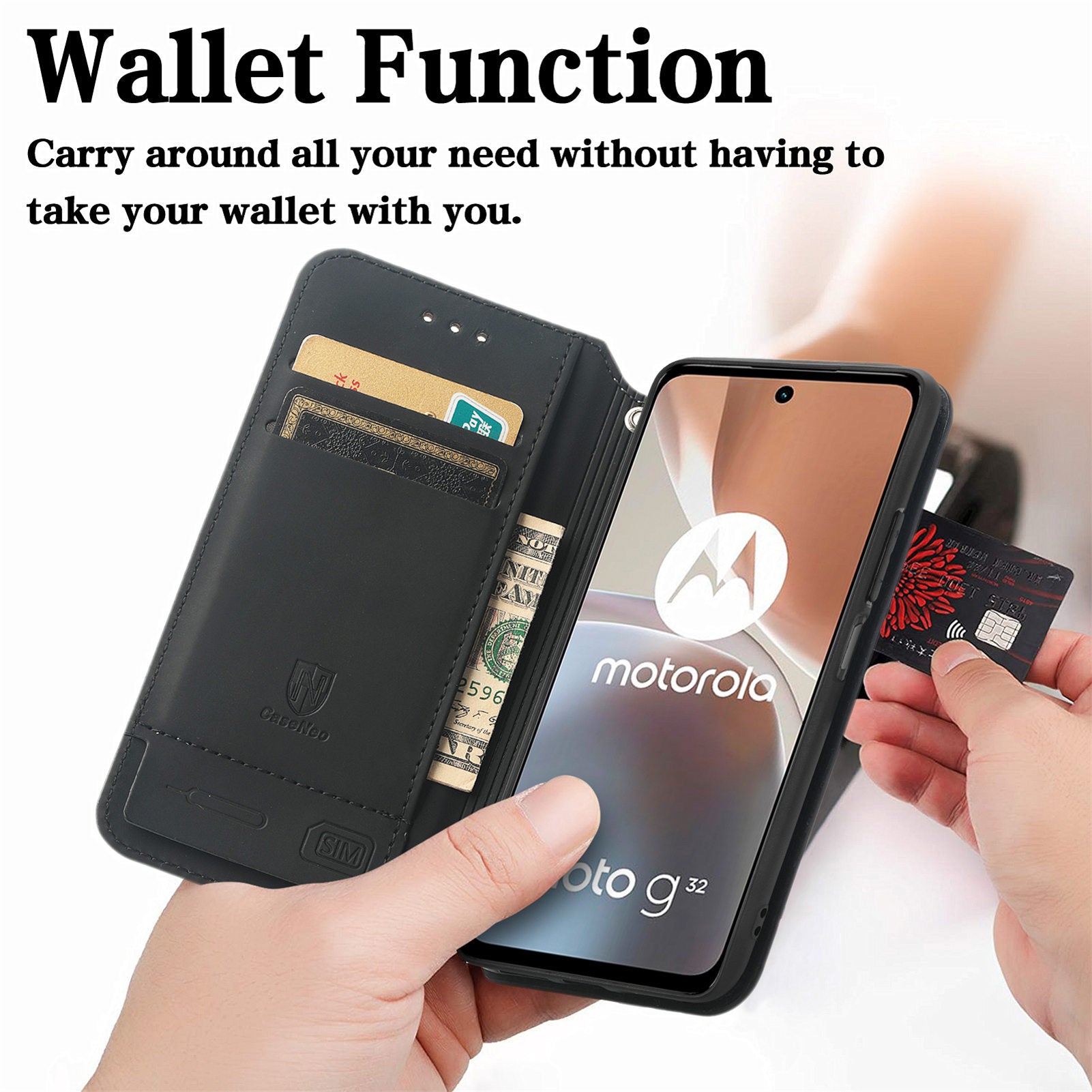 CASENEO 001 Series for Motorola Moto G32 4G PU Leather RFID Blocking Pattern Printing Phone Case Magnetic Auto Closing Anti-scratch Flip Cover Stand Wallet