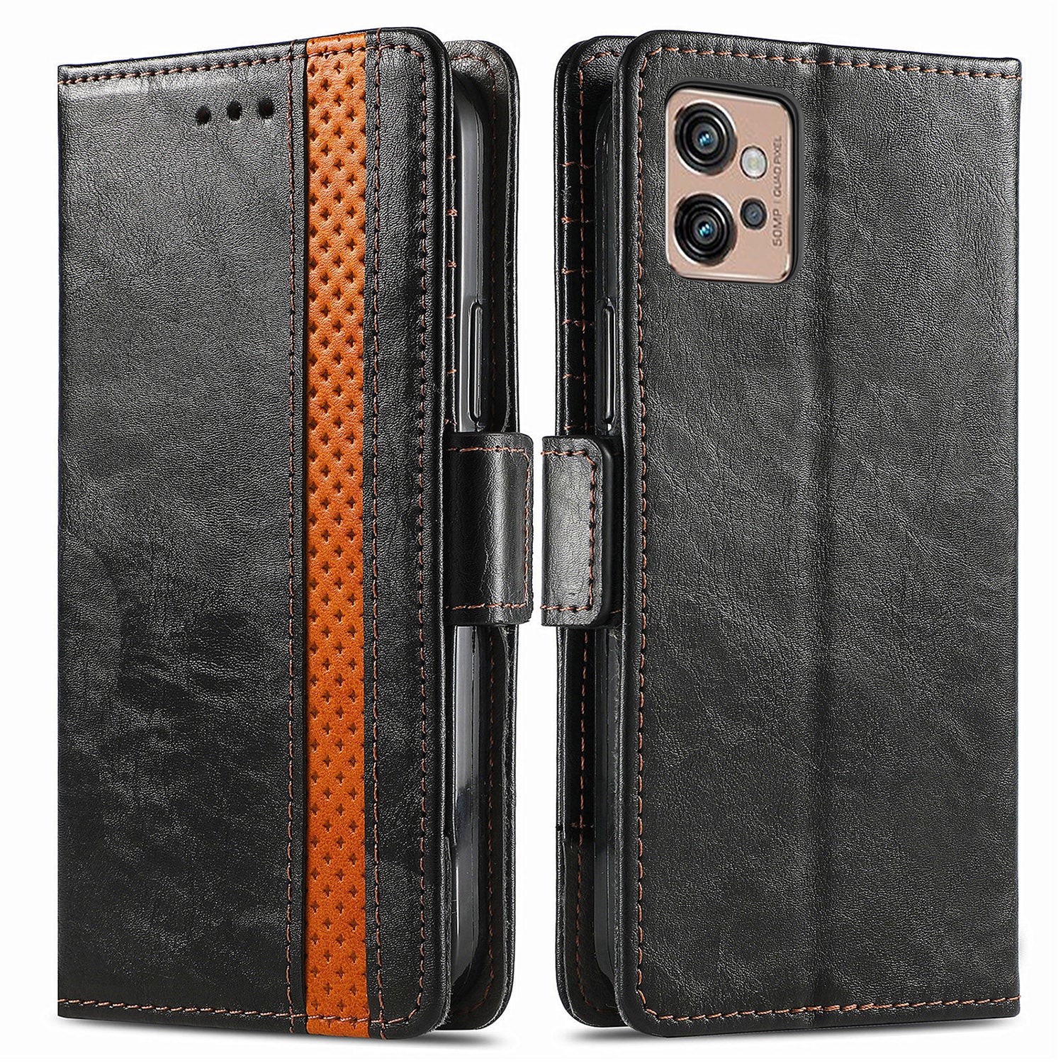 CASENEO 002 Series RFID Blocking Phone Case for Motorola Moto G32 4G Business Splicing Style PU Leather TPU Wallet Stand Anti-drop Phone Cover