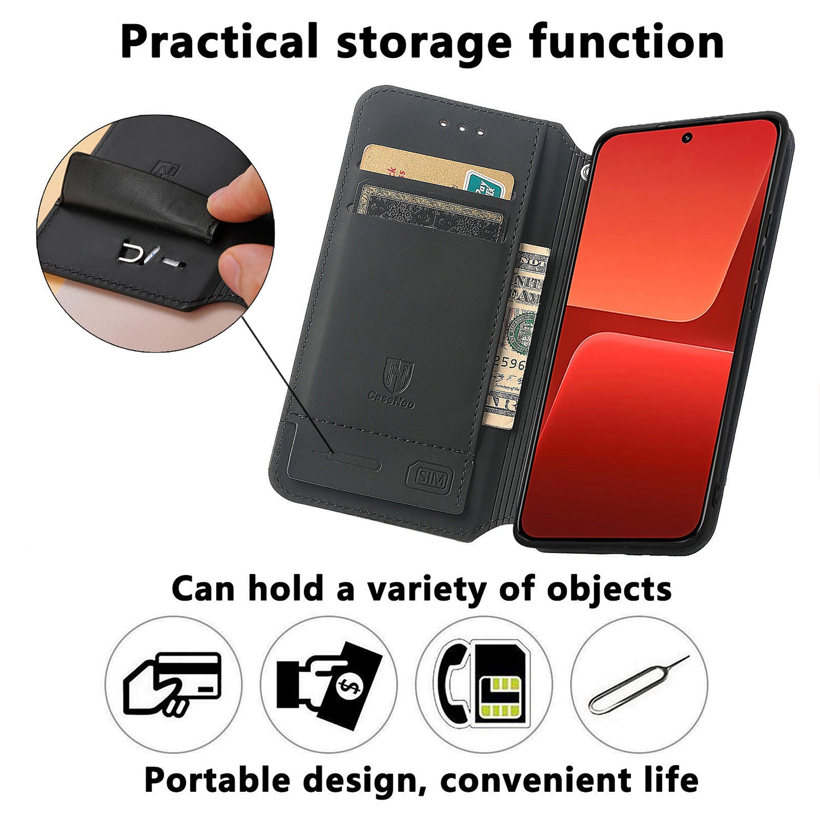 CASENEO 001 Series Pattern Printing Phone Case for Xiaomi 13 5G PU Leather Stand Magnetic Absorption RFID Blocking Cover with Wallet
