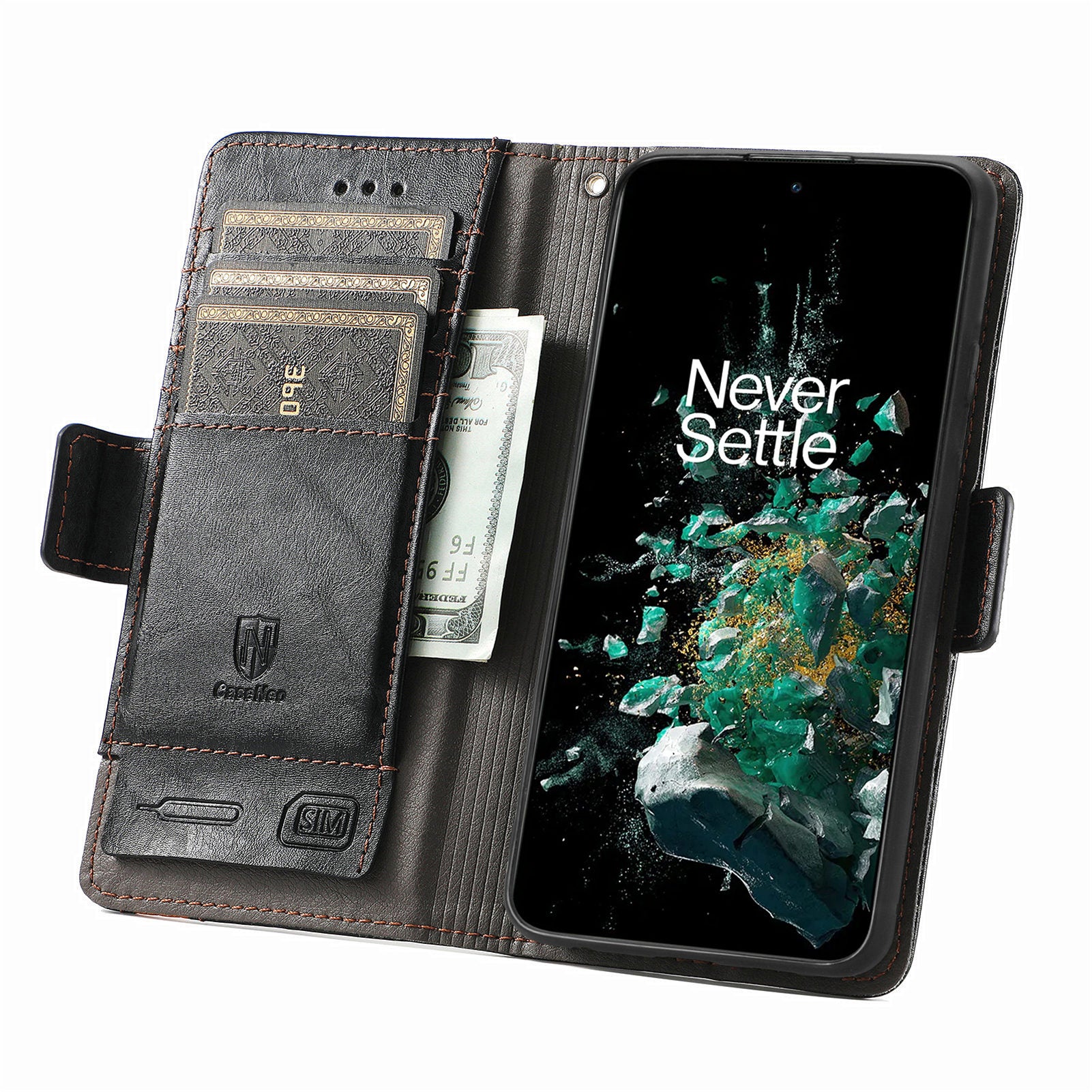 CASENEO 002 Series for OnePlus 10T 5G Ace Pro 5G RFID Blocking Leather Case Business Splicing Style Phone Stand Wallet Cover