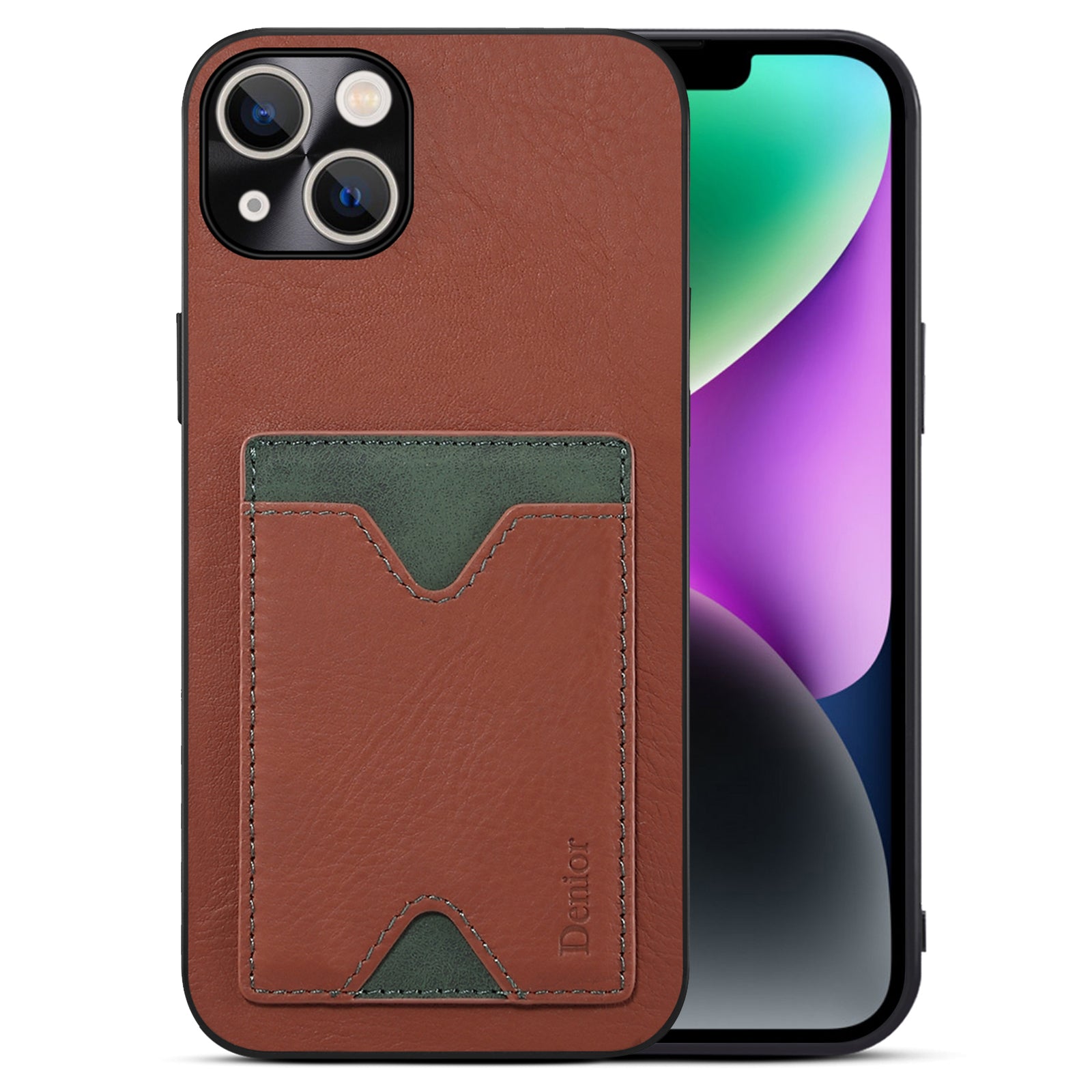 For iPhone 14 Plus Precise Cutout Camera Protection Phone Case Cowhide Leather Coated TPU Magnetic Cover with Card Slot Kickstand - Black