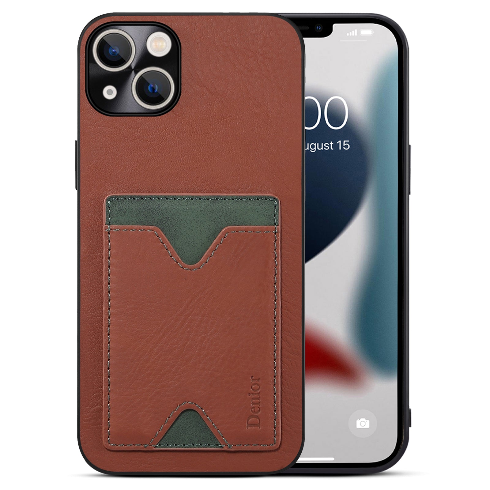 For iPhone 13 6.1 inch Cowhide Leather Coated TPU Precise Cutout Phone Case Magnetic Card Slot Kickstand Cover - Black