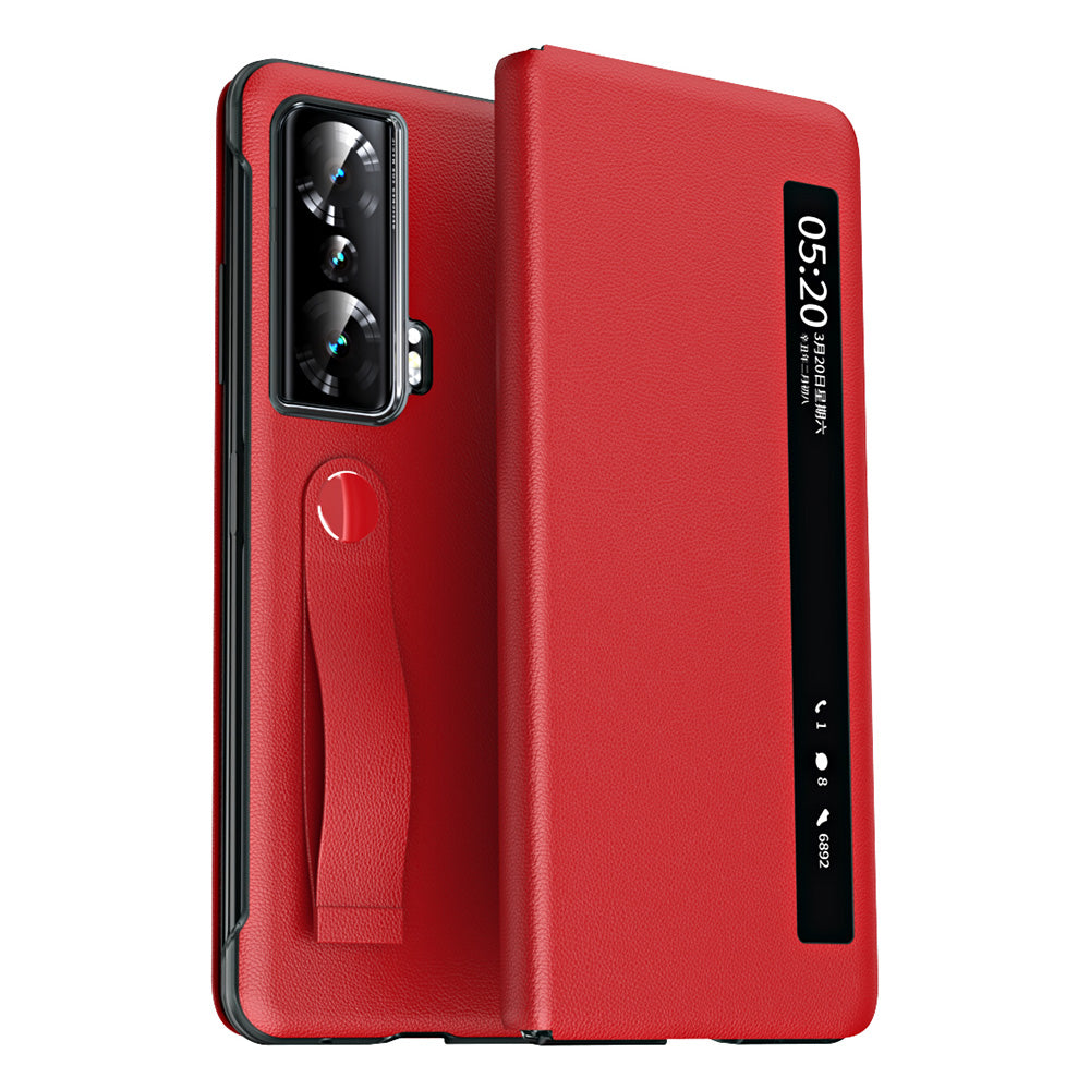 For Honor Magic Vs 5G View Window PU Leather PC Flip Case Stand Cover with Portable Hand Grip Strap