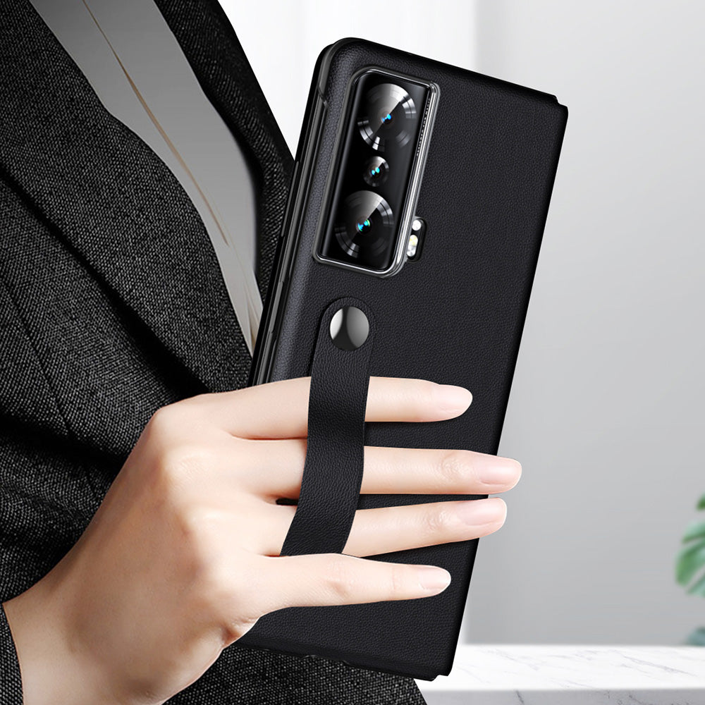 For Honor Magic Vs 5G View Window PU Leather PC Flip Case Stand Cover with Portable Hand Grip Strap