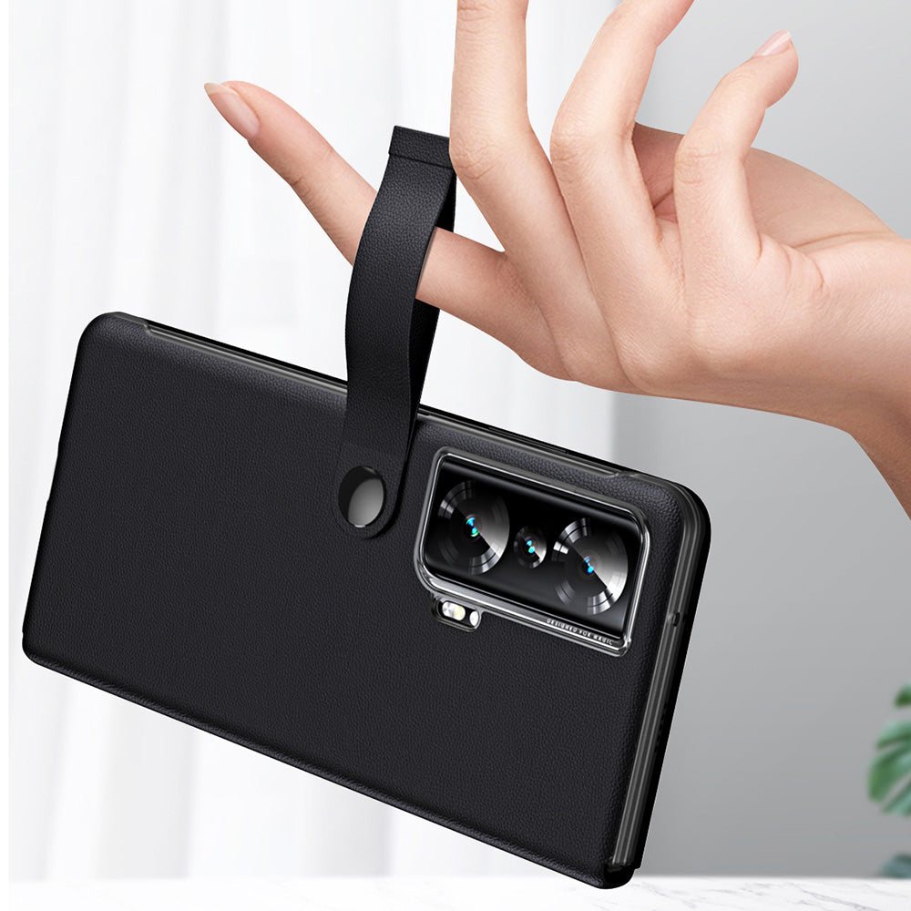 For Honor Magic Vs 5G View Window PU Leather PC Flip Case Stand Cover with Portable Hand Grip Strap
