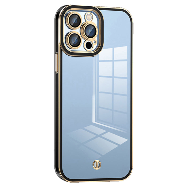 For iPhone 12 Pro 6.1 inch Transparent TPU Cover Anti-collision Airbag Design Electroplated Back Case with Plastic Lens Film