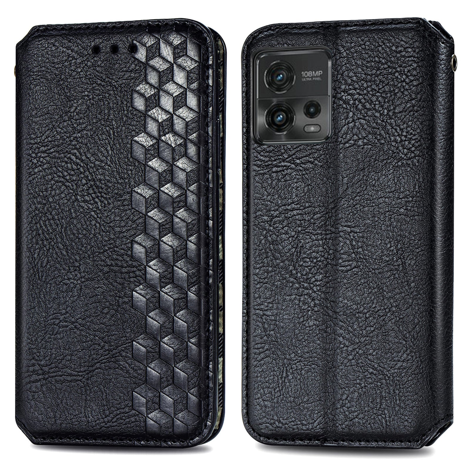 Shockproof PU Leather Phone Cover For Motorola Moto G72 4G Magnetic Absorption Rhombus Imprinted Wallet Case Stand