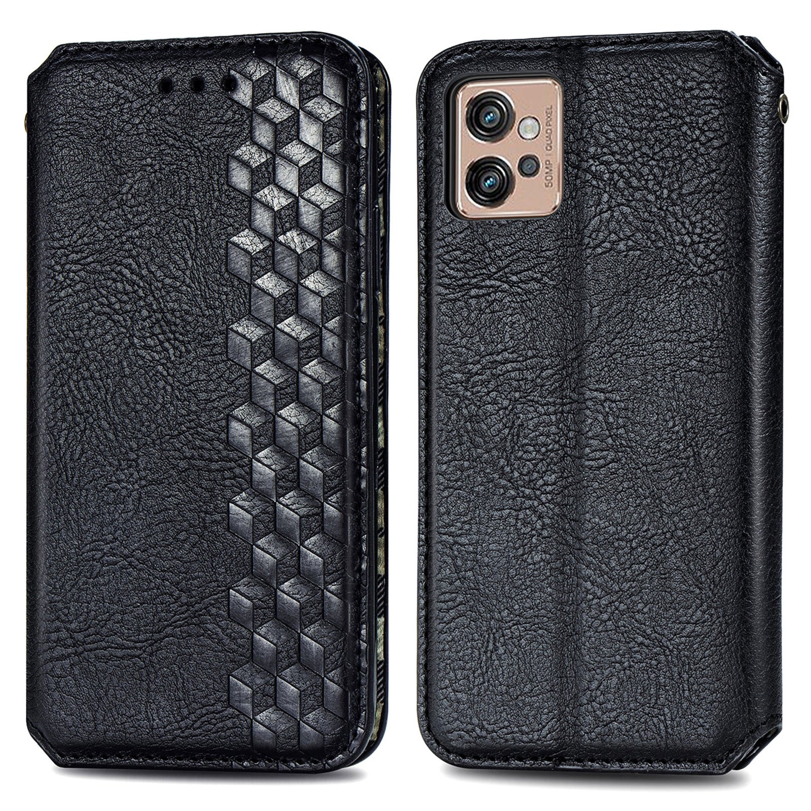 Magnetic Closure Phone Cover For Motorola Moto G32 4G Rhombus Imprinted PU Leather Phone Flip Wallet Case Stand