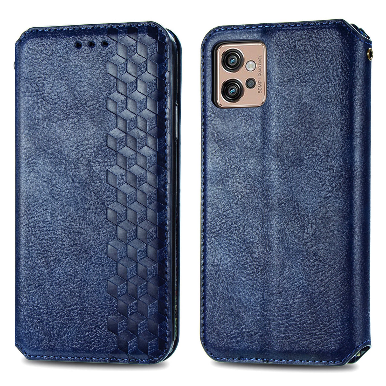 Magnetic Closure Phone Cover For Motorola Moto G32 4G Rhombus Imprinted PU Leather Phone Flip Wallet Case Stand