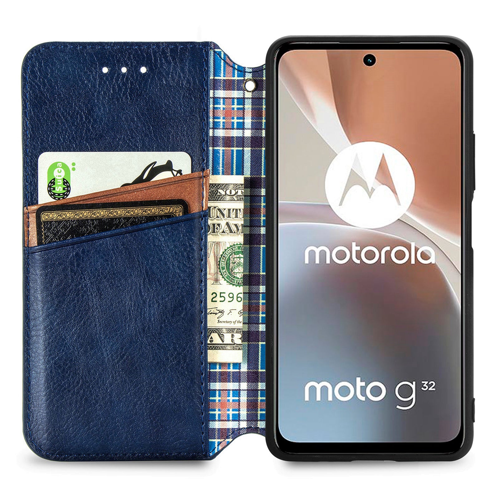 Magnetic Closure Phone Cover For Motorola Moto G32 4G Rhombus Imprinted PU Leather Phone Flip Wallet Case Stand