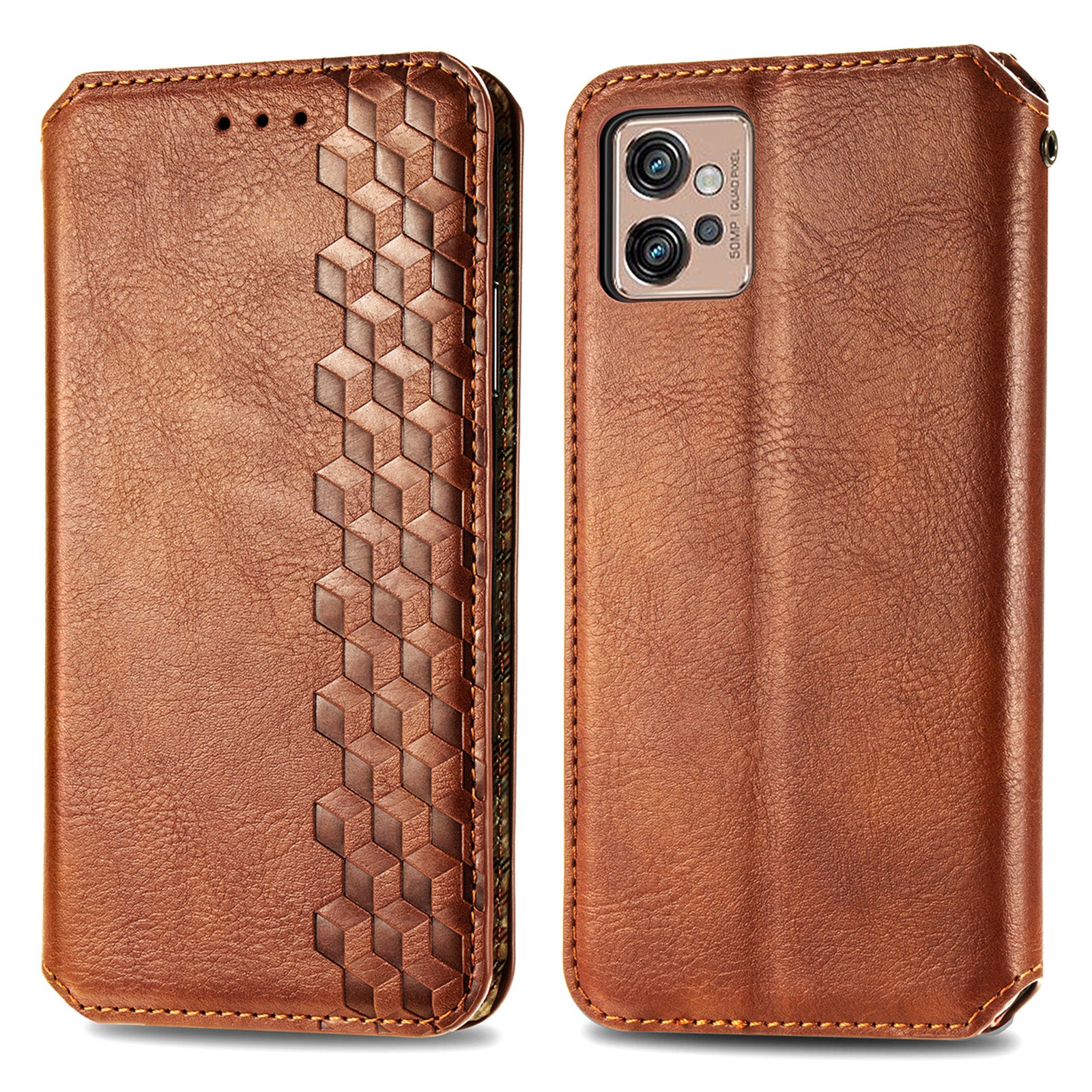 Magnetic Closure Phone Cover For Motorola Moto G32 4G Rhombus Imprinted PU Leather Phone Flip Wallet Case Stand