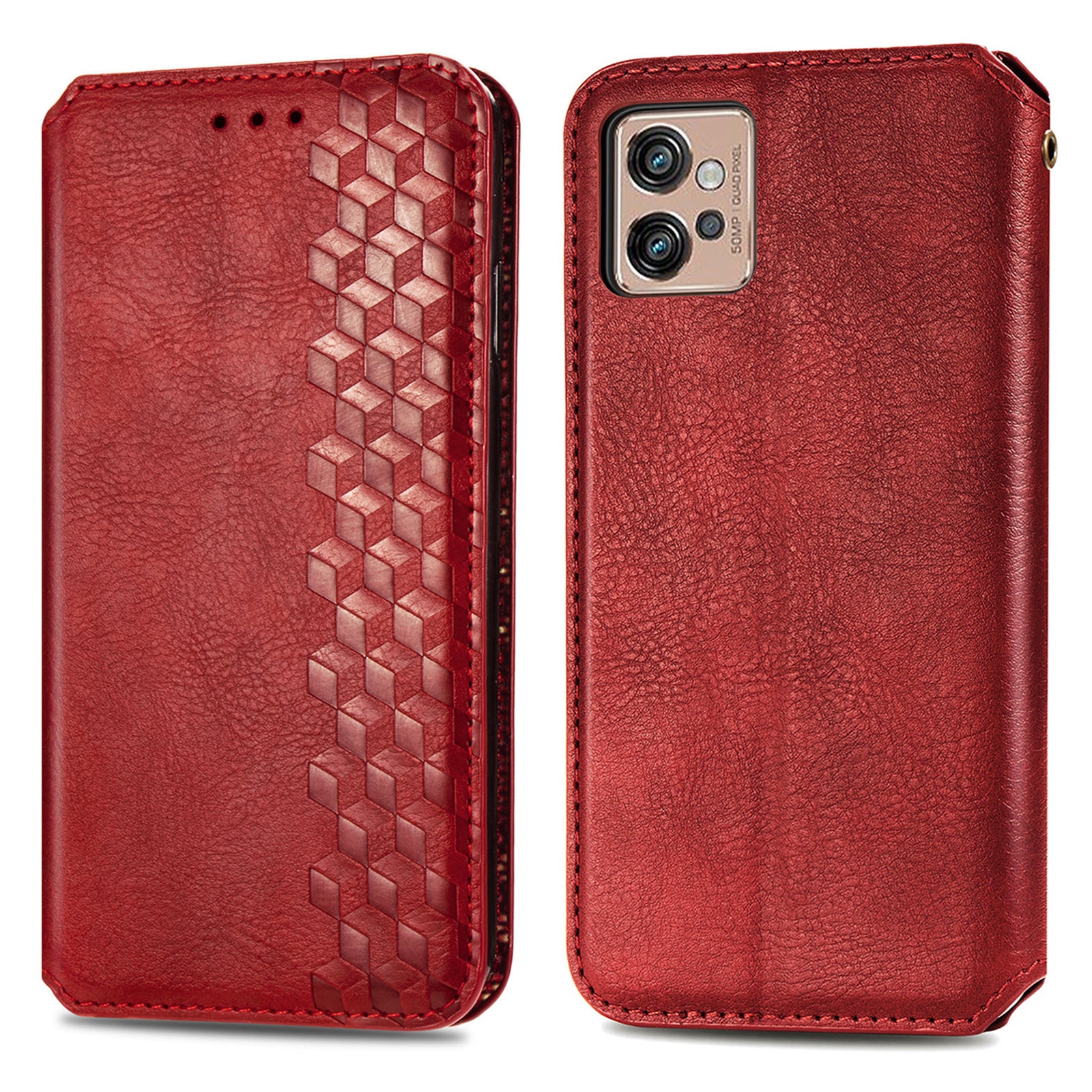 Magnetic Closure Phone Cover For Motorola Moto G32 4G Rhombus Imprinted PU Leather Phone Flip Wallet Case Stand
