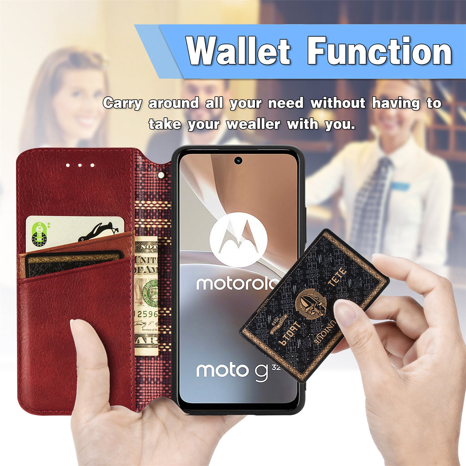 Magnetic Closure Phone Cover For Motorola Moto G32 4G Rhombus Imprinted PU Leather Phone Flip Wallet Case Stand