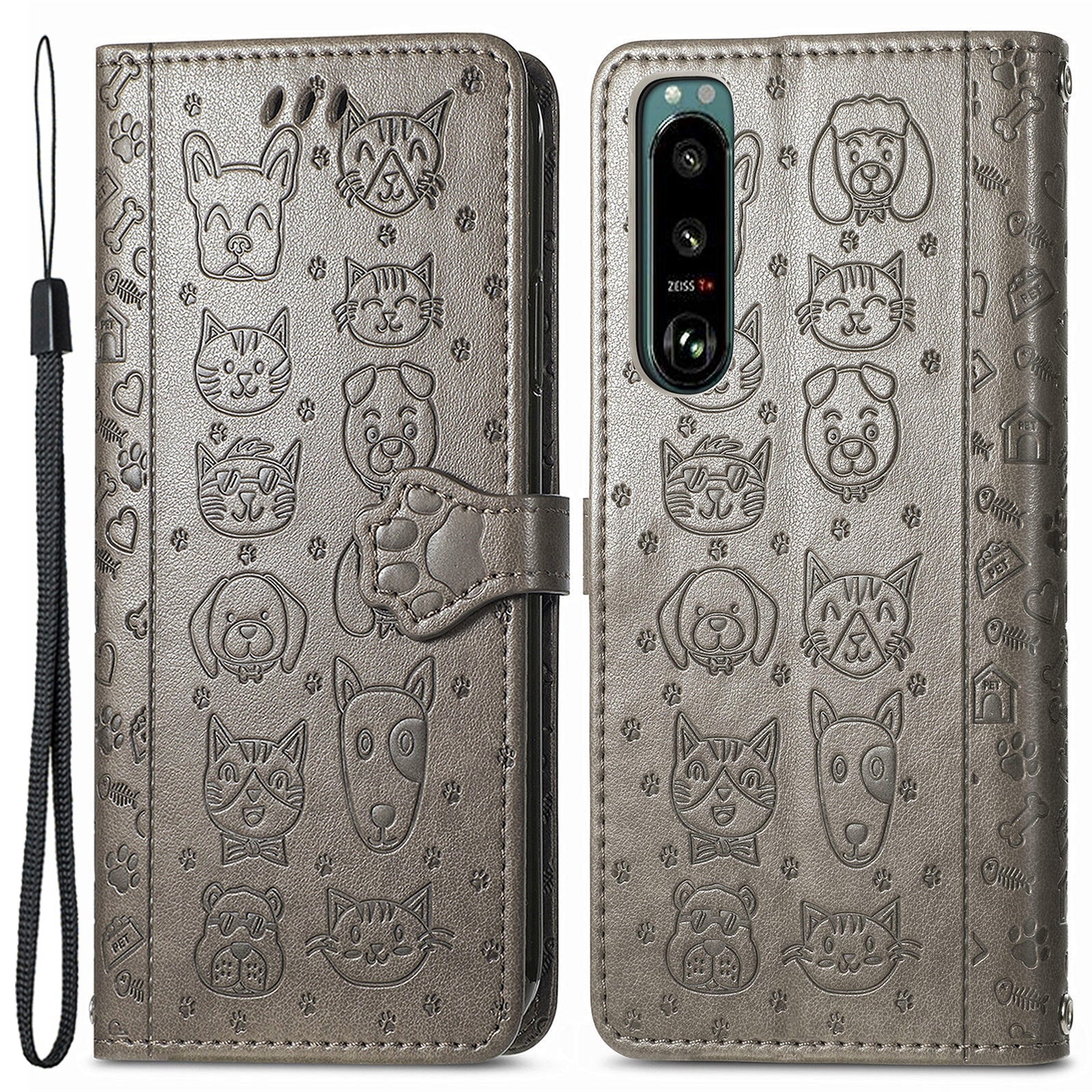 For Sony Xperia 5 IV 5G Anti-Shock Phone Shell PU Leather Wallet Cover Imprinted Cat Dog Pattern Phone Stand Case