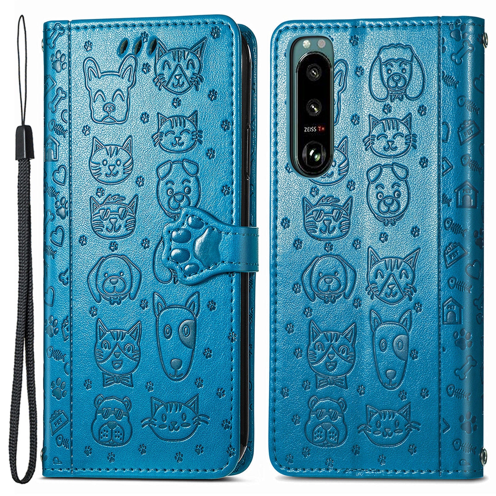 Til Sony Xperia 5 IV 5G Anti-Shock telefonskal PU læder pungcover med påtrykt kat hundemønster telefonstativ