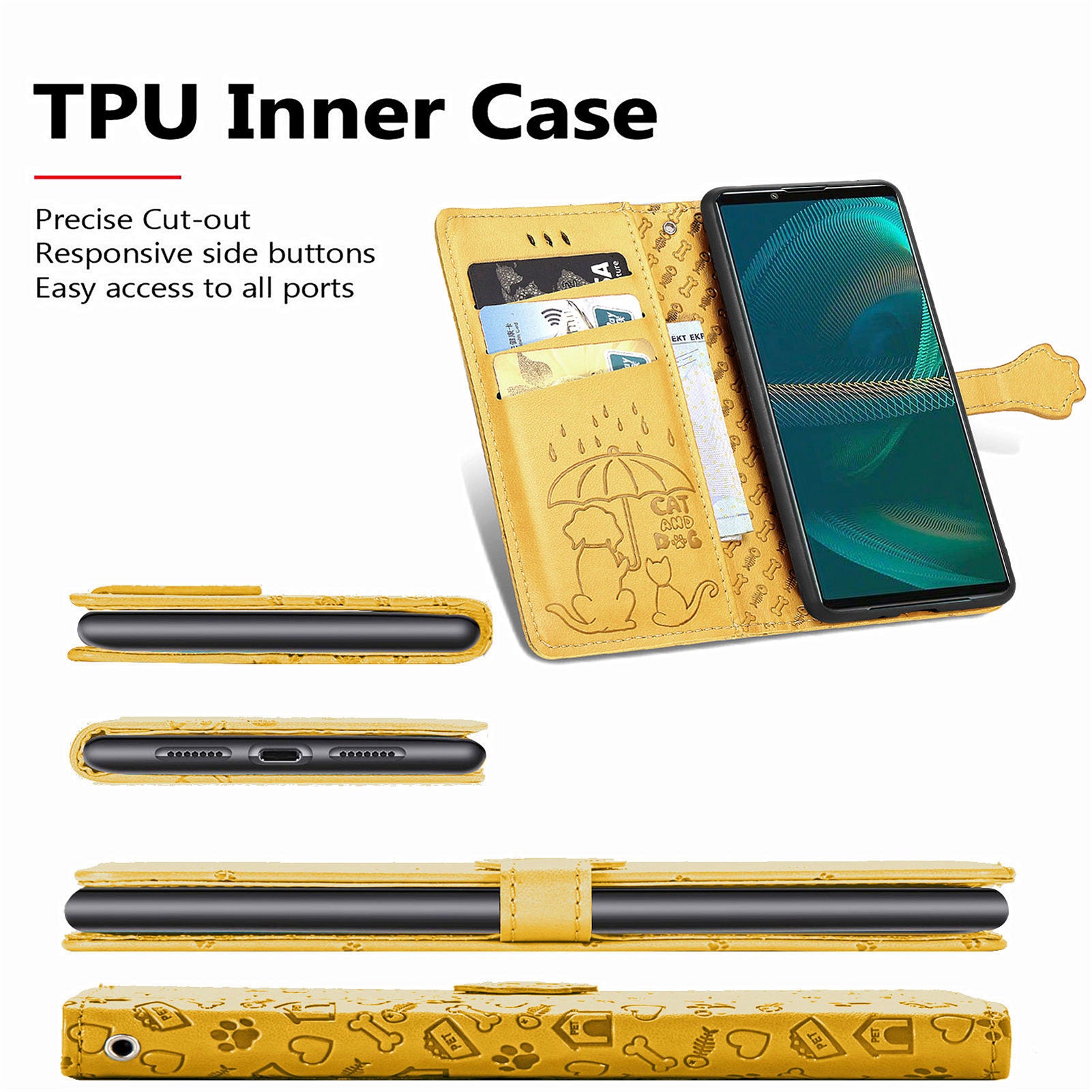 Til Sony Xperia 5 IV 5G Anti-Shock telefonskal PU læder pungcover med påtrykt kat hundemønster telefonstativ