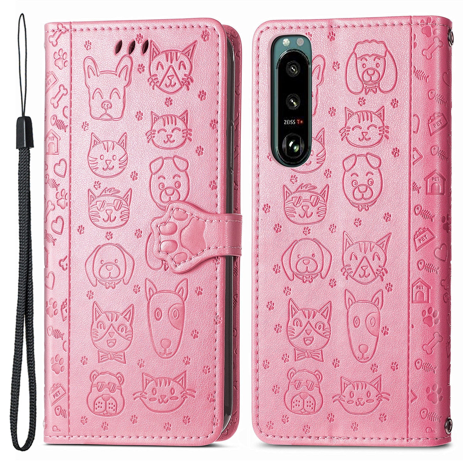 Til Sony Xperia 5 IV 5G Anti-Shock telefonskal PU læder pungcover med påtrykt kat hundemønster telefonstativ