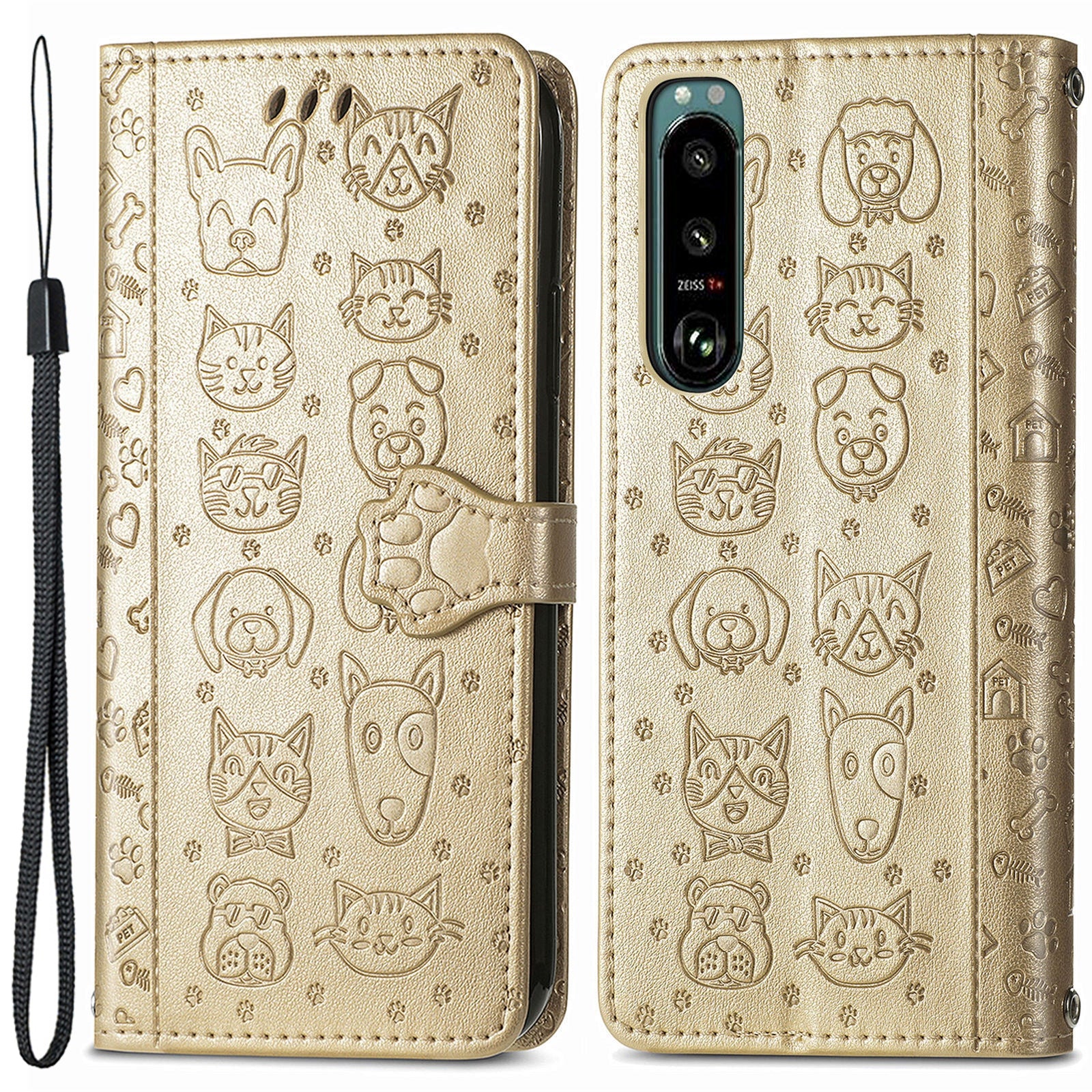 Til Sony Xperia 5 IV 5G Anti-Shock telefonskal PU læder pungcover med påtrykt kat hundemønster telefonstativ