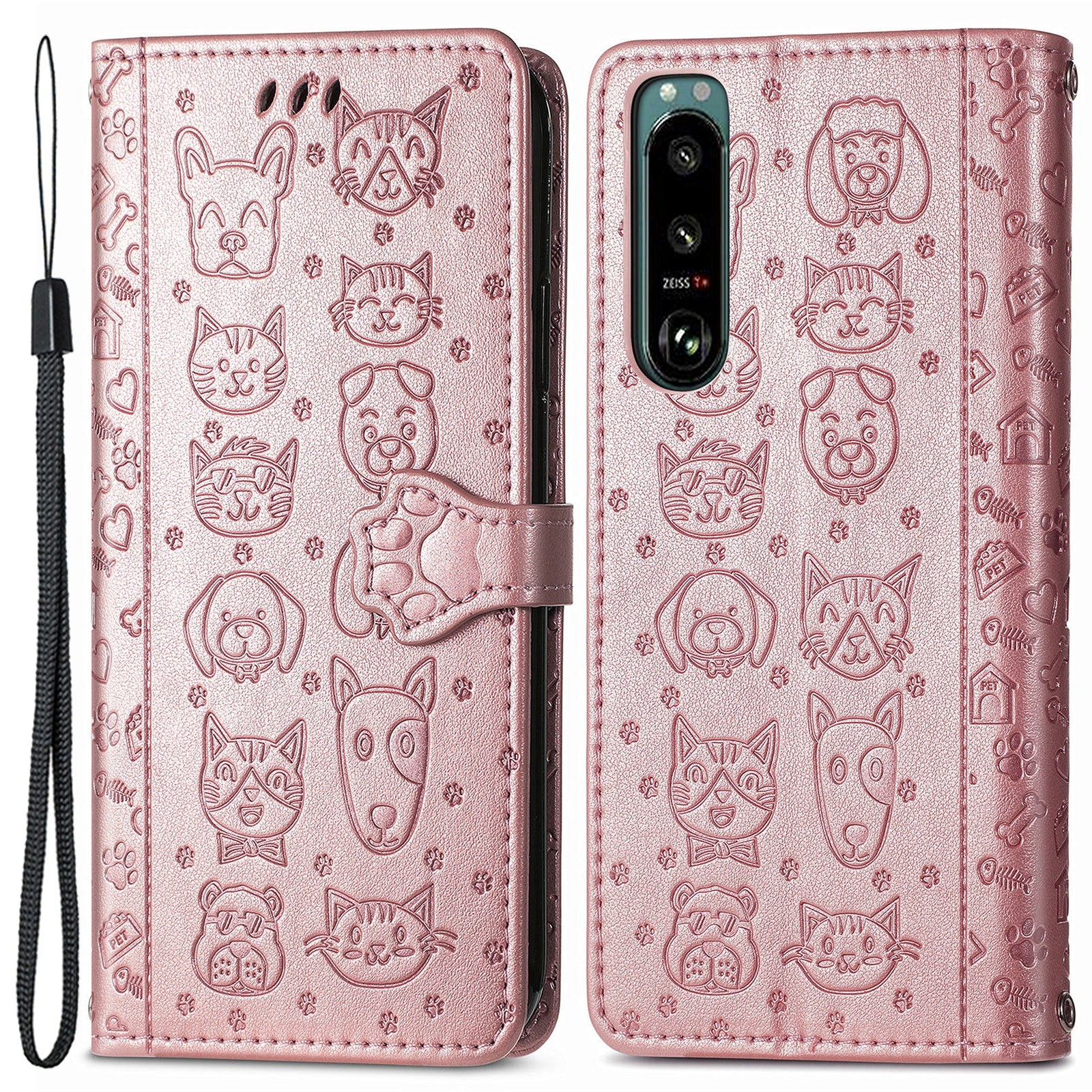 Til Sony Xperia 5 IV 5G Anti-Shock telefonskal PU læder pungcover med påtrykt kat hundemønster telefonstativ
