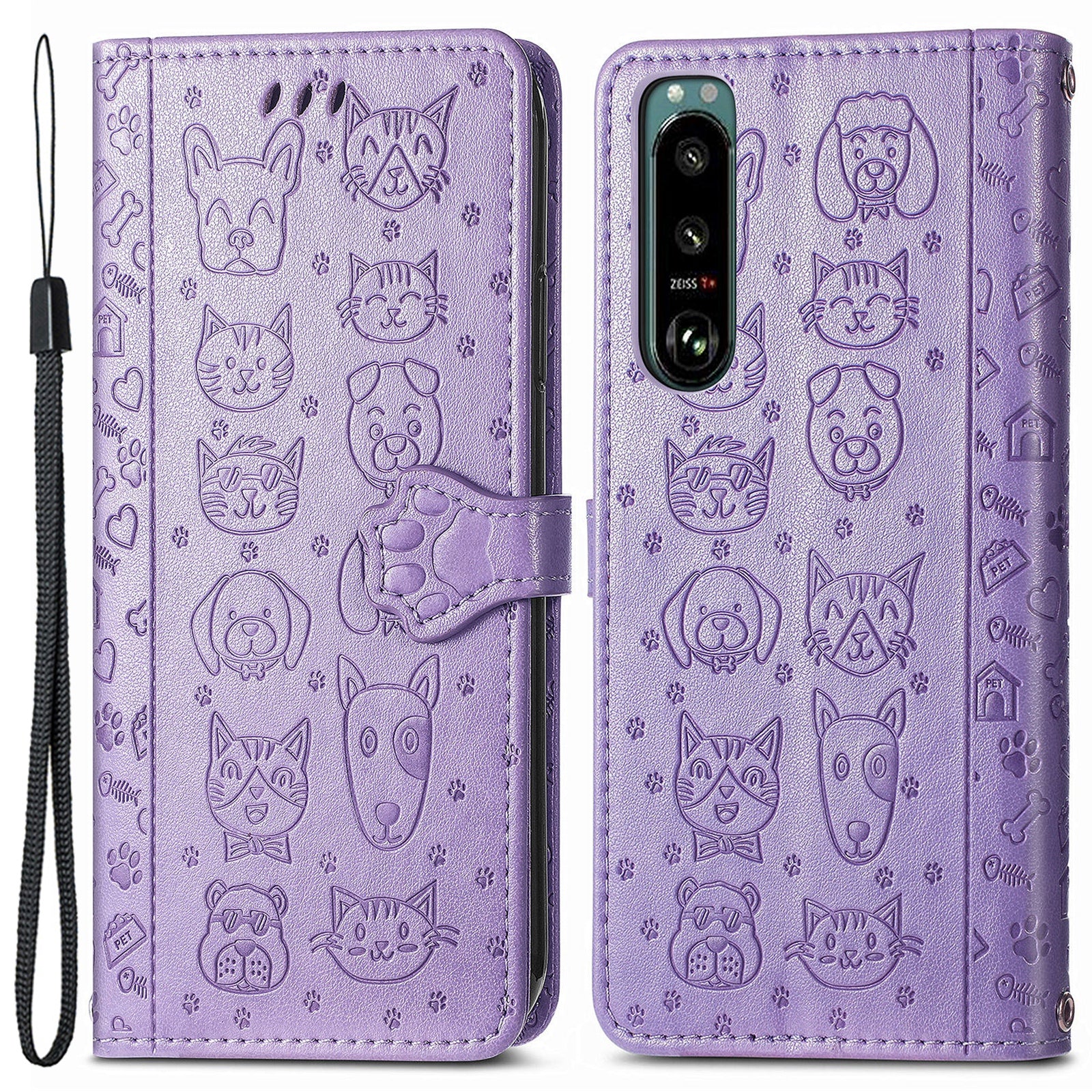 Til Sony Xperia 5 IV 5G Anti-Shock telefonskal PU læder pungcover med påtrykt kat hundemønster telefonstativ