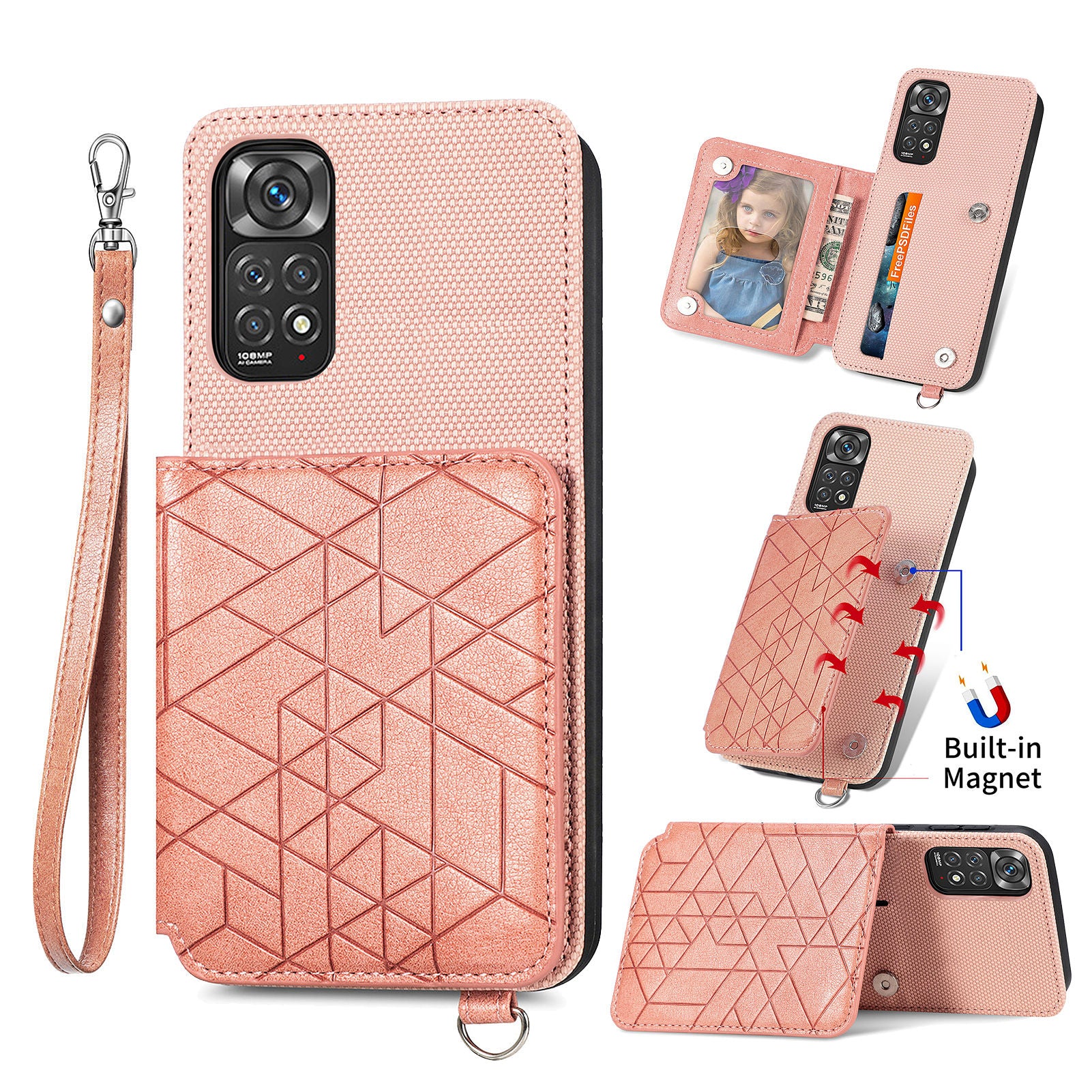Shockproof Phone Case for Xiaomi Redmi Note 11 4G (Qualcomm) Redmi Note 11S 4G Kickstand Geometry Imprinted Wallet Phone Cover with Strap