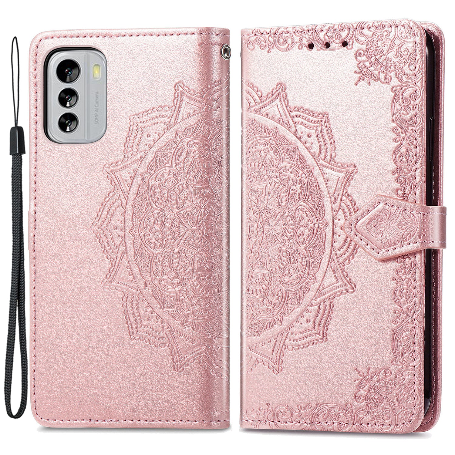 For Nokia G60 5G Embossed Mandala Pattern PU Leather Flip Protective Case Magnetic Clasp Wallet Horizontal Stand Phone Cover with Strap