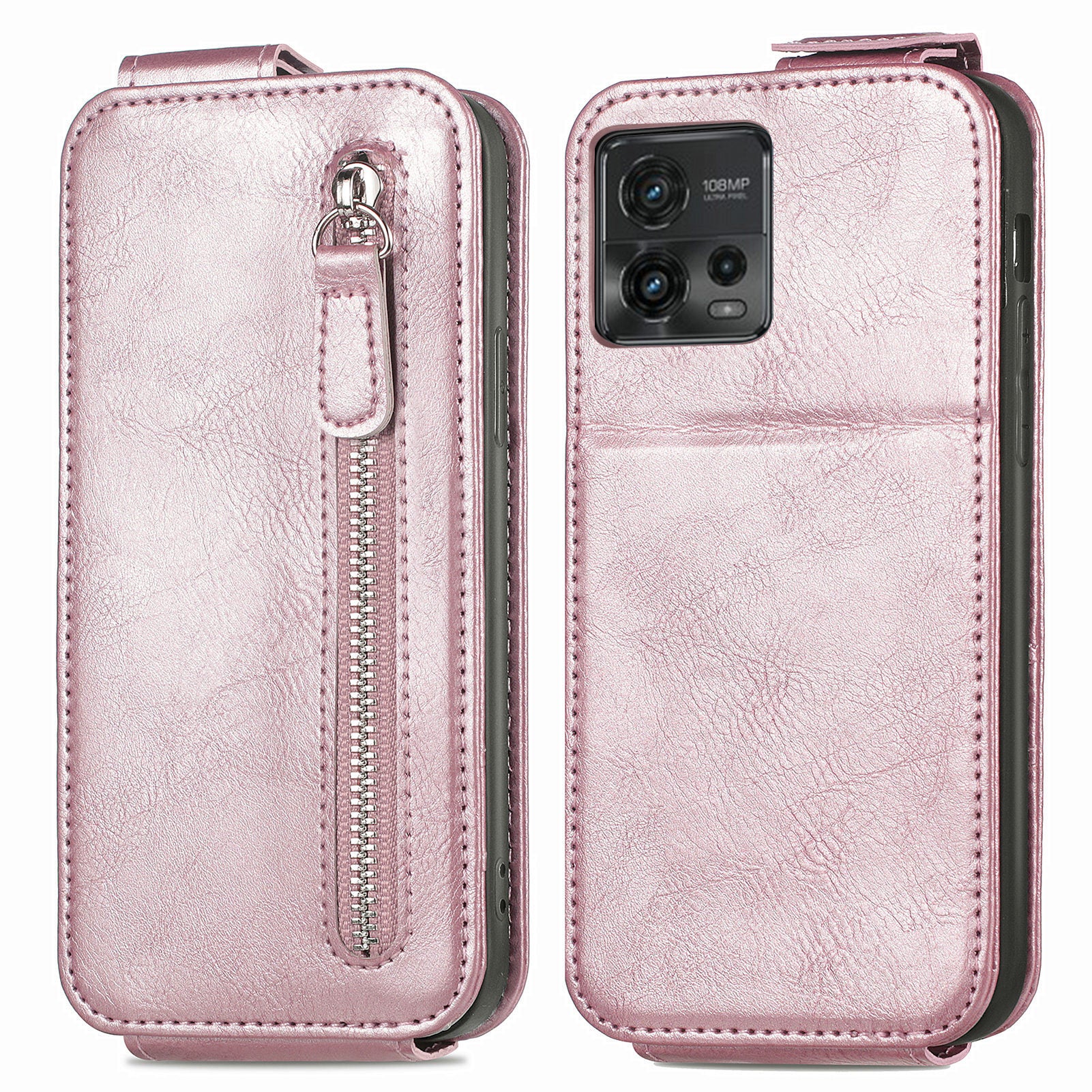 For Motorola Moto G72 4G Zipper Pocket PU Leather Vertical Flip Phone Case Wallet Stand Magnetic Closure Cover