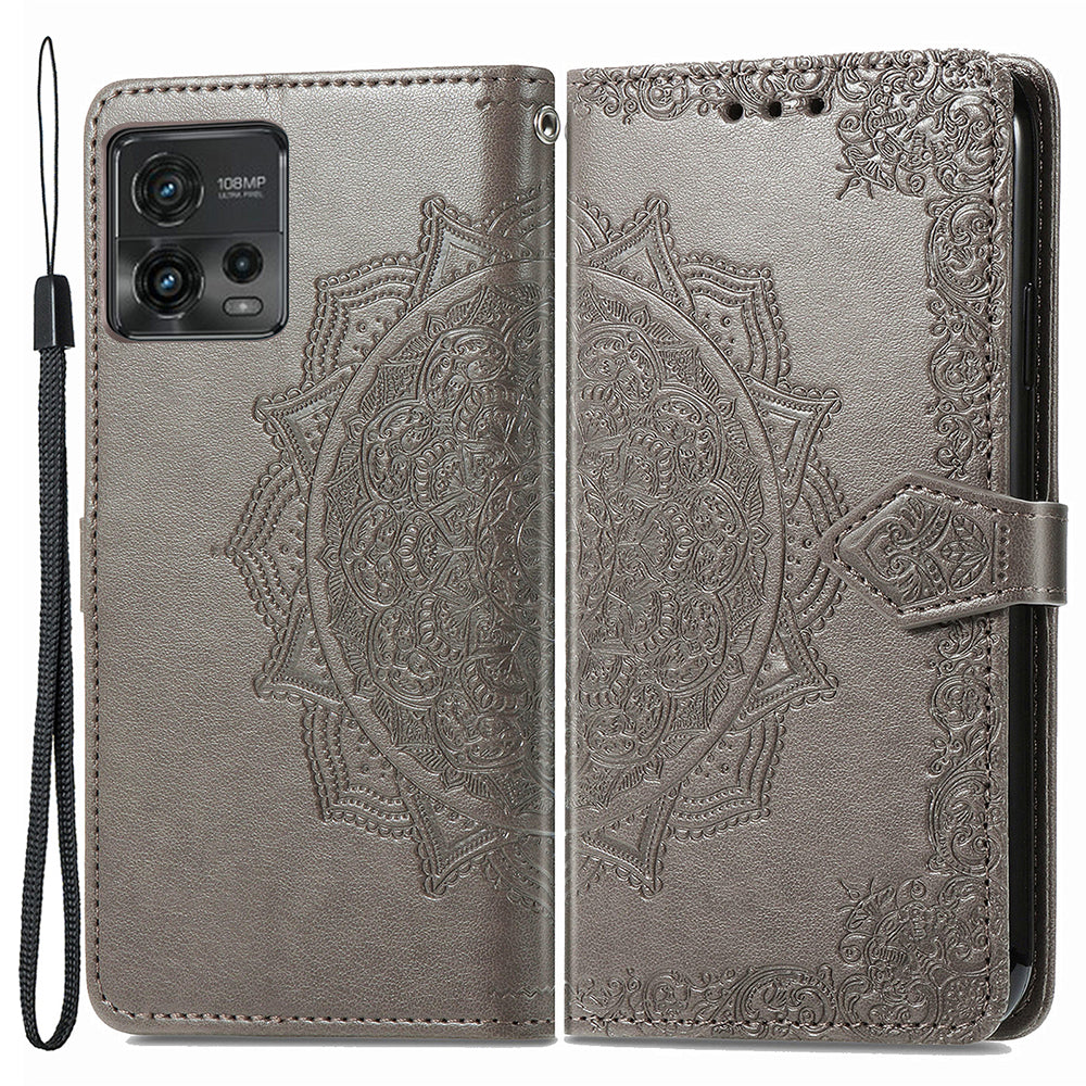 For Motorola Moto G72 4G Embossed Mandala Pattern Wallet Case PU Leather Stand Book Design Magnetic Phone Cover with Strap