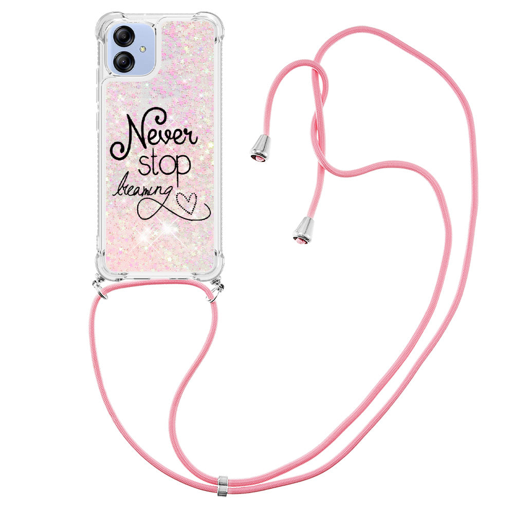 YB Quicksand Series-5 for Samsung Galaxy A04e 4G / F04 4G / M04 4G Pattern Printing Liquid Quicksand TPU Back Cover Phone Shockproof Case with Lanyard
