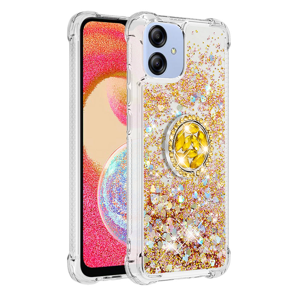 For Samsung Galaxy A04e 4G / F04 4G / M04 4G YB Quicksand Series-7 Liquid Quicksand TPU Phone Case Ring Kickstand Anti-drop Cover