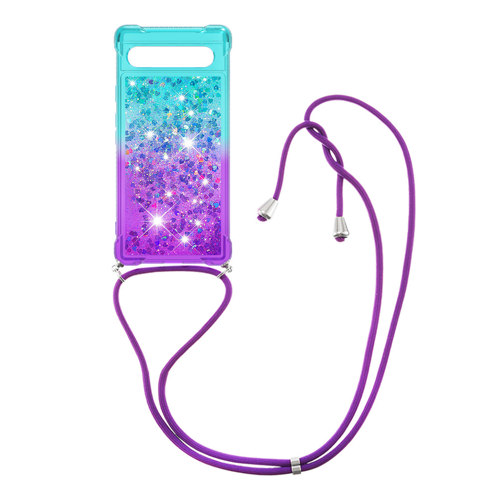 YB Quicksand Series-6 TPU Phone Case for Google Pixel 7a Gradient Color Flowing Liquid Quicksand Shockproof Back Cover with Lanyard