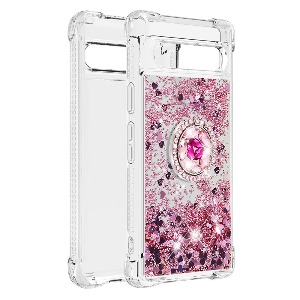 For Google Pixel 7a YB Quicksand Series-7 Liquid Quicksand TPU Phone Case Ring Kickstand Anti-drop Cover