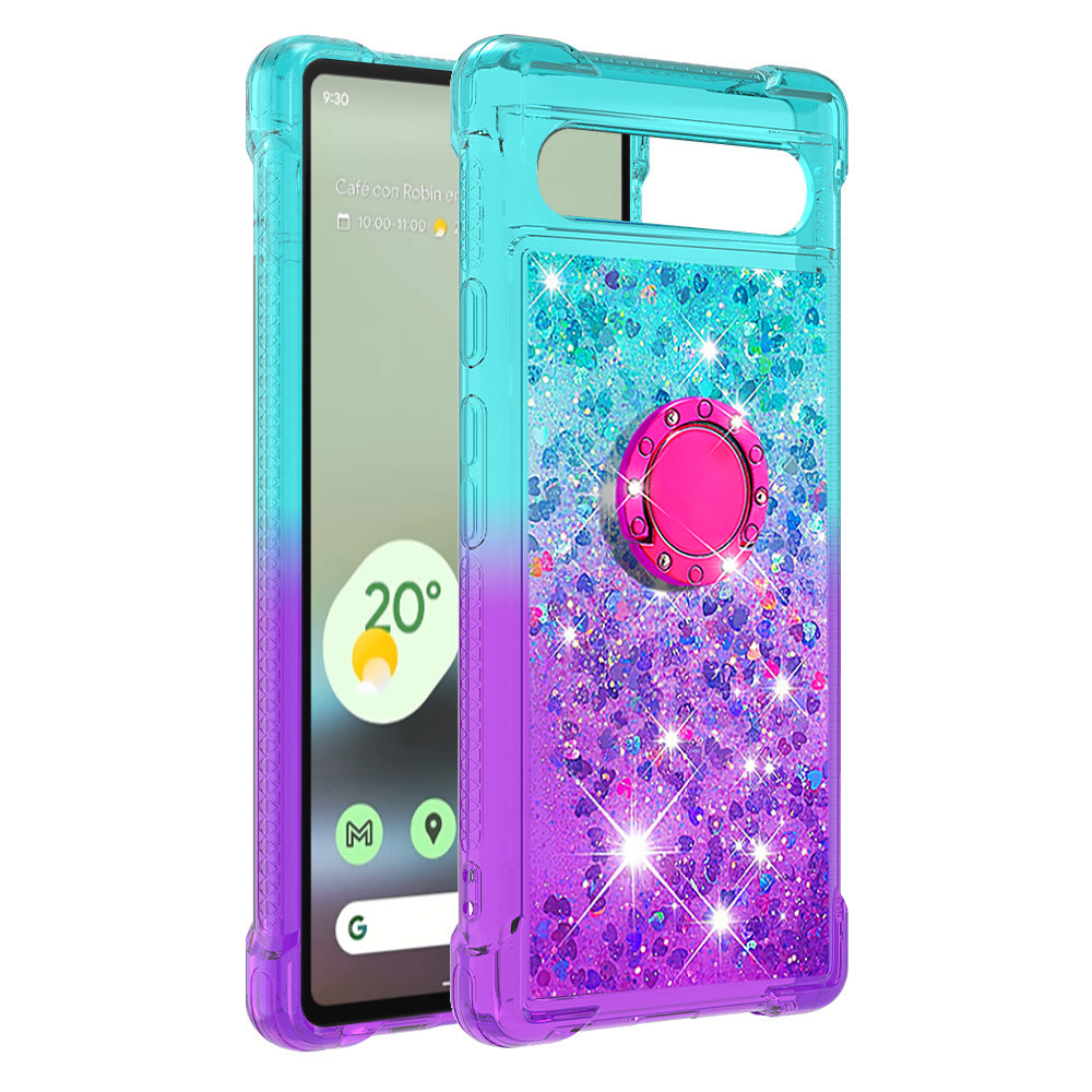 For Google Pixel 7a YB Quicksand Series-8 Protective Phone Case Gradient Quicksand Ring Kickstand Soft TPU Anti-wear Cell Phone Back Cover