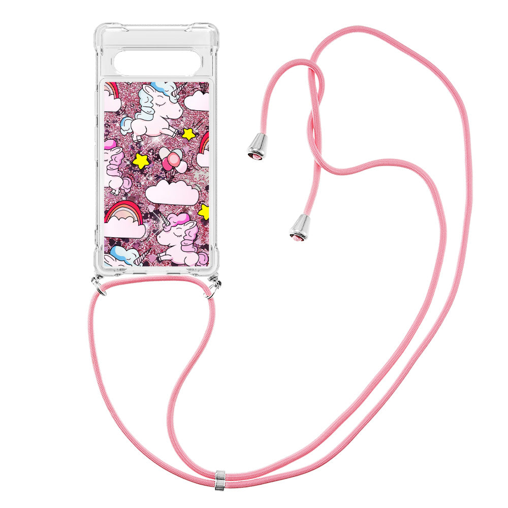 YB Quicksand Series-5 for Google Pixel 7a 5G Pattern Printing TPU Back Cover Liquid Quicksand Phone Anti-drop Case with Lanyard