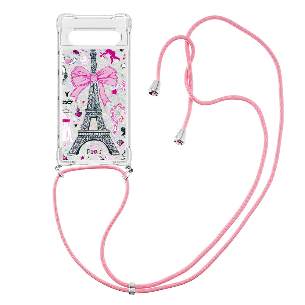 YB Quicksand Series-5 for Google Pixel 7a 5G Pattern Printing TPU Back Cover Liquid Quicksand Phone Anti-drop Case with Lanyard