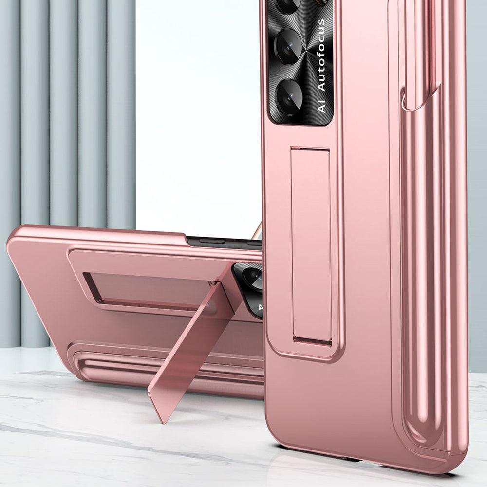 For Samsung Galaxy S23 Electroplating Phone Case Kickstand Hard PC Back Cover with Pen Slot and Stylus Pen