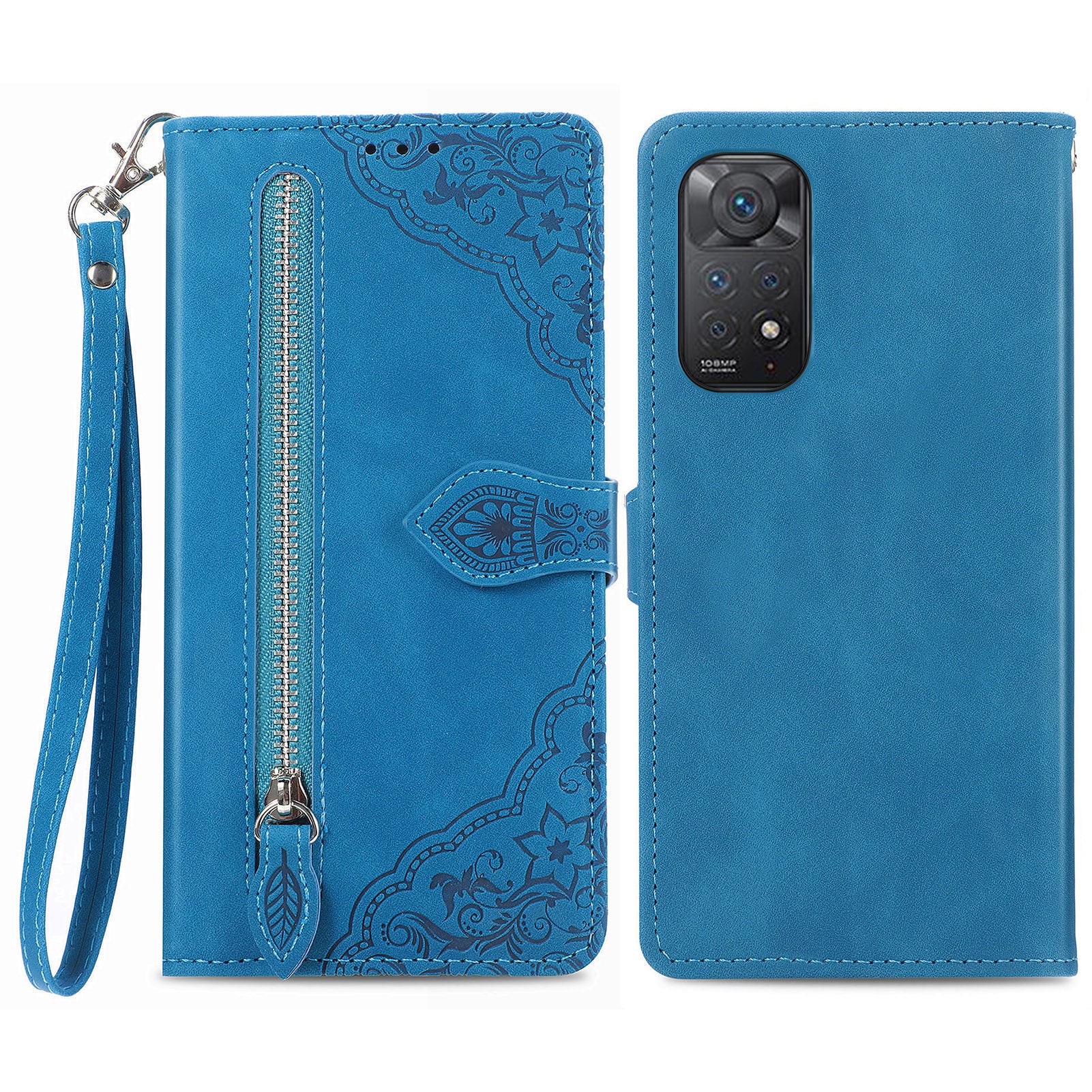 For Xiaomi Redmi Note 12 Pro 4G 11 Pro 4G (MediaTek) Note 11 Pro 5G (Qualcomm) Flower Imprinted Pattern PU Leather Zipper Pocket Phone Case with Wallet Stand