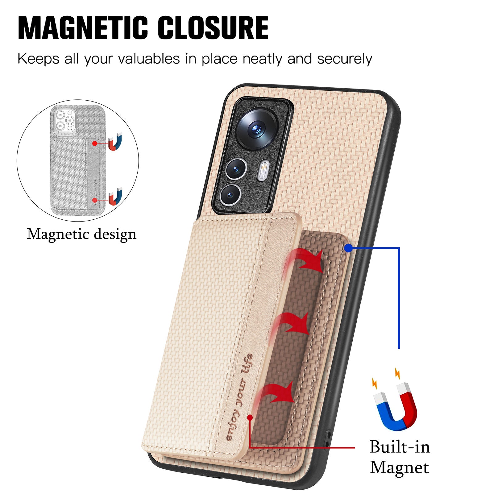 Magnetic Anti-fall Phone Cover For Xiaomi 12T 5G Redmi K50 Ultra 5G PU Leather Coated PC TPU Carbon Fiber Texture Phone Case Wallet Kickstand