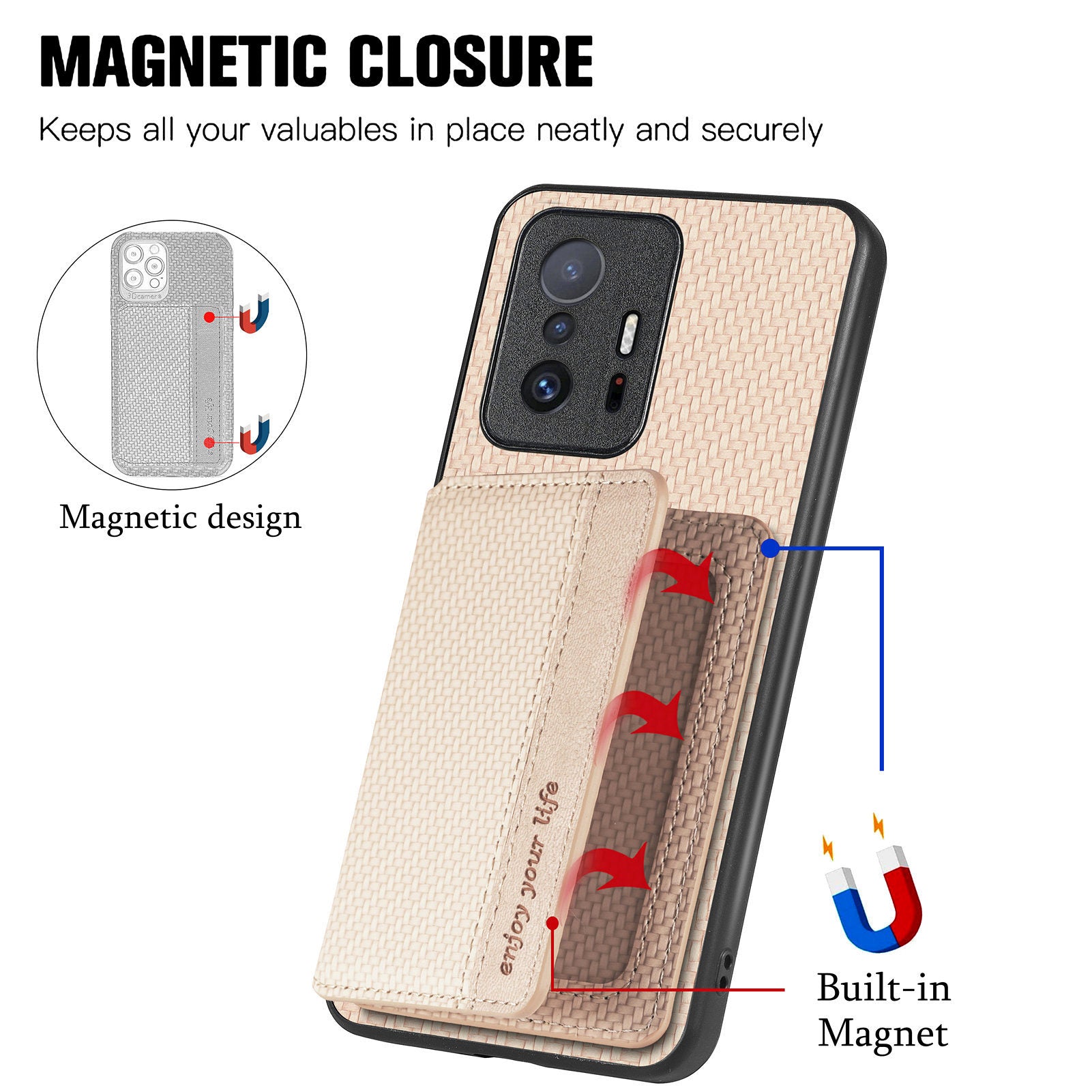 For Xiaomi 11T 5G 11T Pro 5G PU Leather Coated PC TPU Carbon Fiber Texture RFID Blocking Phone Case Wallet Kickstand Magnetic Shockproof Phone Cover