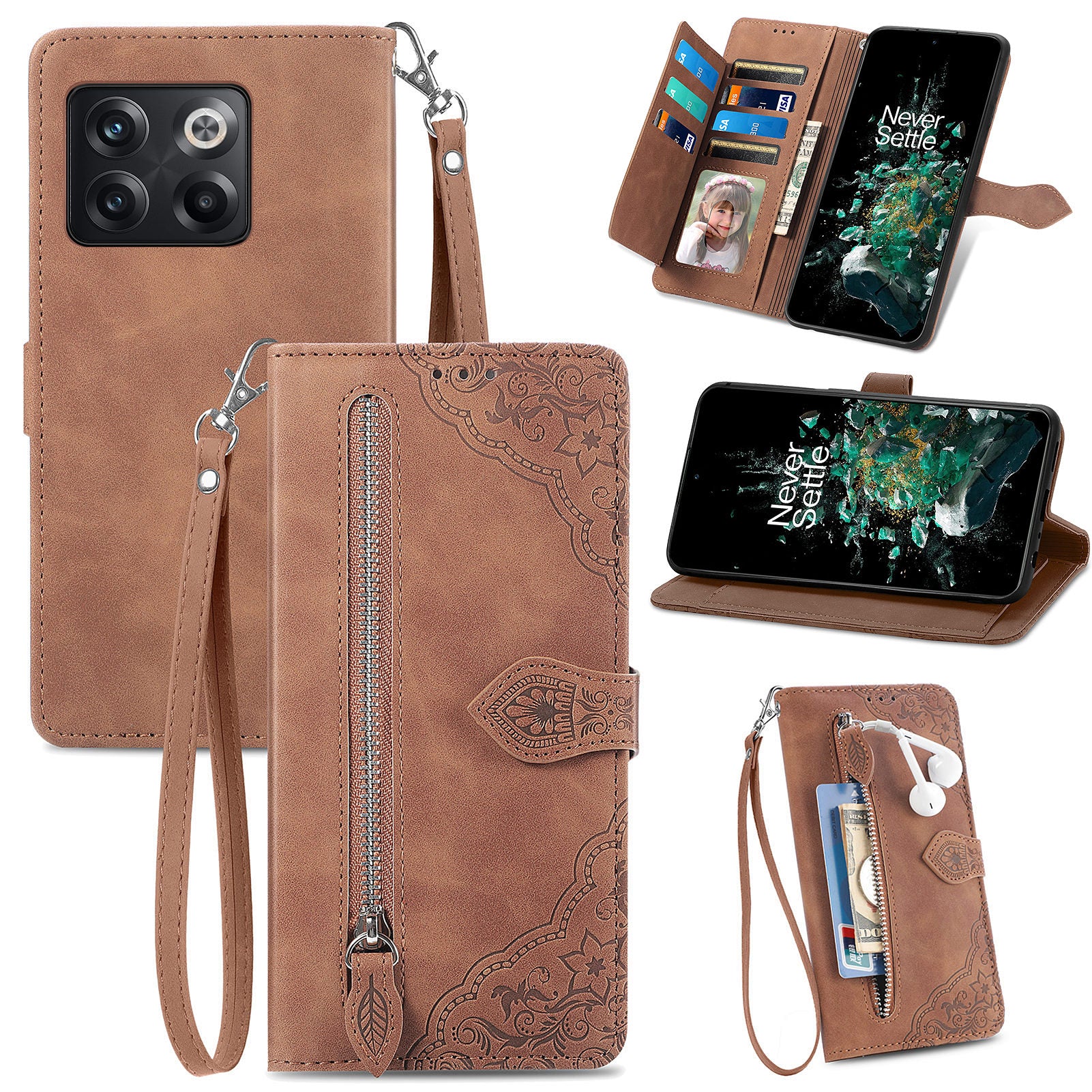 For OnePlus 10T 5G Ace Pro 5G Flower Imprinted Pattern PU Leather Phone Cover Zipper Pocket Wallet Stand Full Protection Smartphone Case