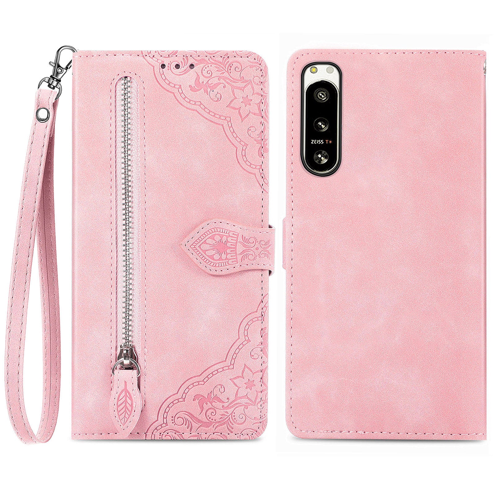 For Sony Xperia 5 IV 5G Flower Imprinted Pattern PU Leather Drop-proof Phone Cover Zipper Pocket Protective Flip Phone Case with Wallet Stand
