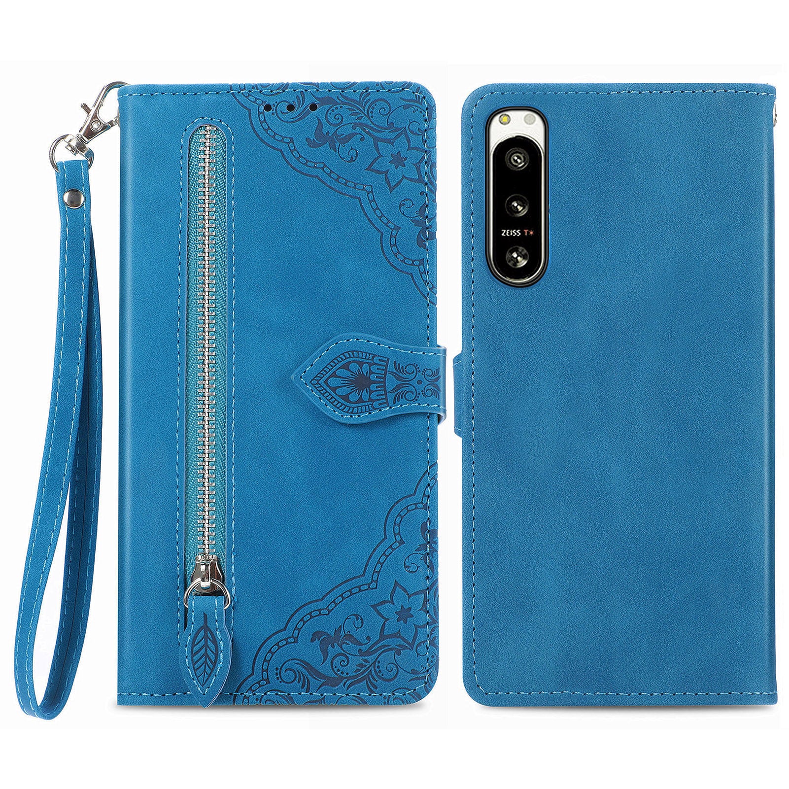 For Sony Xperia 5 IV 5G Flower Imprinted Pattern PU Leather Drop-proof Phone Cover Zipper Pocket Protective Flip Phone Case with Wallet Stand