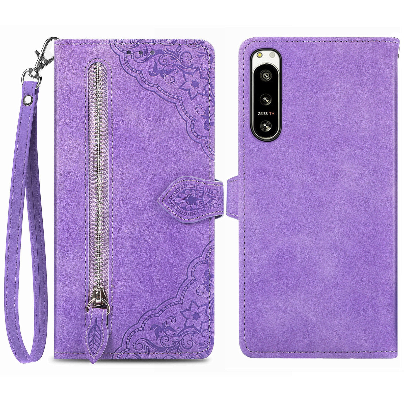 For Sony Xperia 5 IV 5G Flower Imprinted Pattern PU Leather Drop-proof Phone Cover Zipper Pocket Protective Flip Phone Case with Wallet Stand