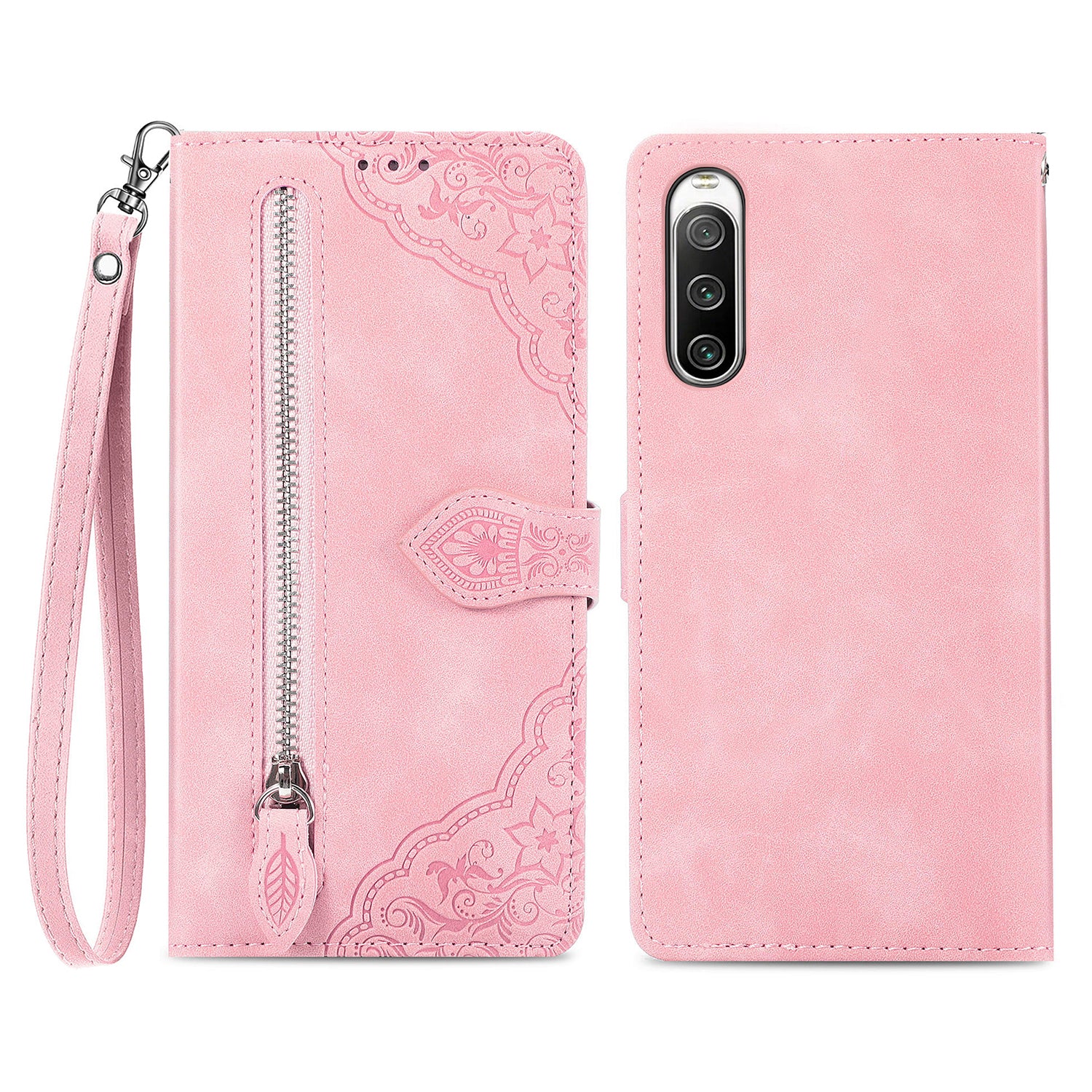For Sony Xperia 10 IV 5G Flower Imprinted Pattern PU Leather Zipper Pocket Cell Phone Cover Hands-free Stand Wallet Case