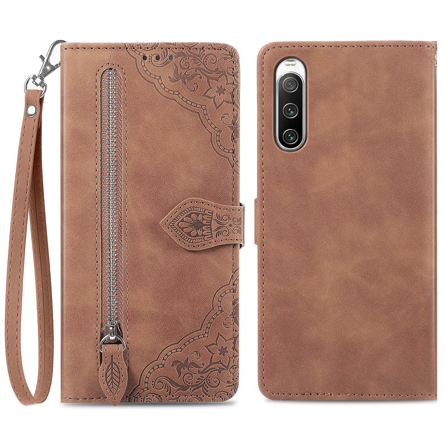 For Sony Xperia 10 IV 5G Flower Imprinted Pattern PU Leather Zipper Pocket Cell Phone Cover Hands-free Stand Wallet Case