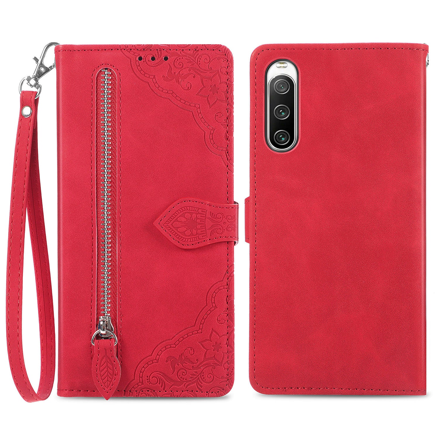For Sony Xperia 10 IV 5G Flower Imprinted Pattern PU Leather Zipper Pocket Cell Phone Cover Hands-free Stand Wallet Case