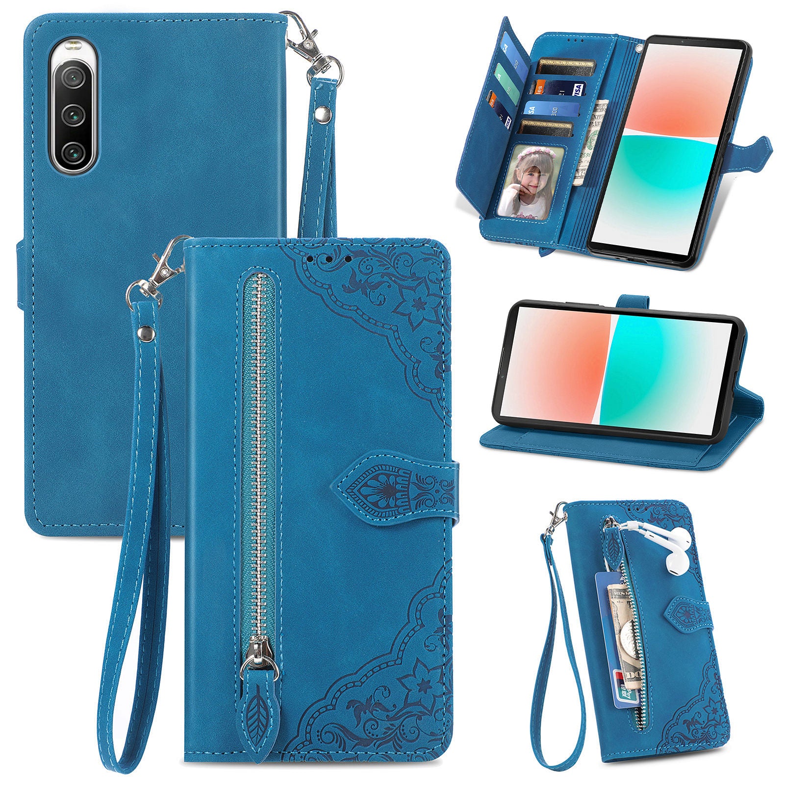 For Sony Xperia 10 IV 5G Flower Imprinted Pattern PU Leather Zipper Pocket Cell Phone Cover Hands-free Stand Wallet Case