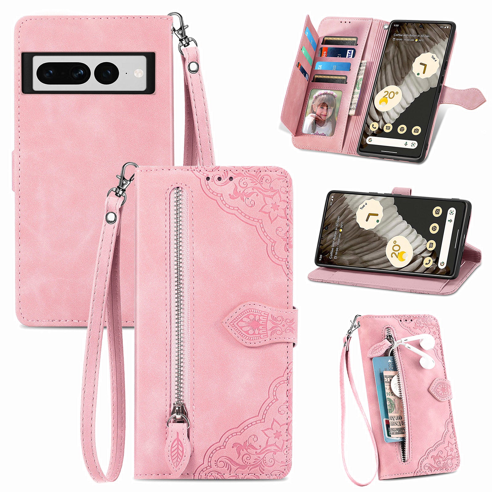Non-slip Phone Case For Google Pixel 7 Pro 5G Flower Imprinted Pattern Drop-proof PU Leather Zipper Pocket Cell Phone Cover Stand Wallet