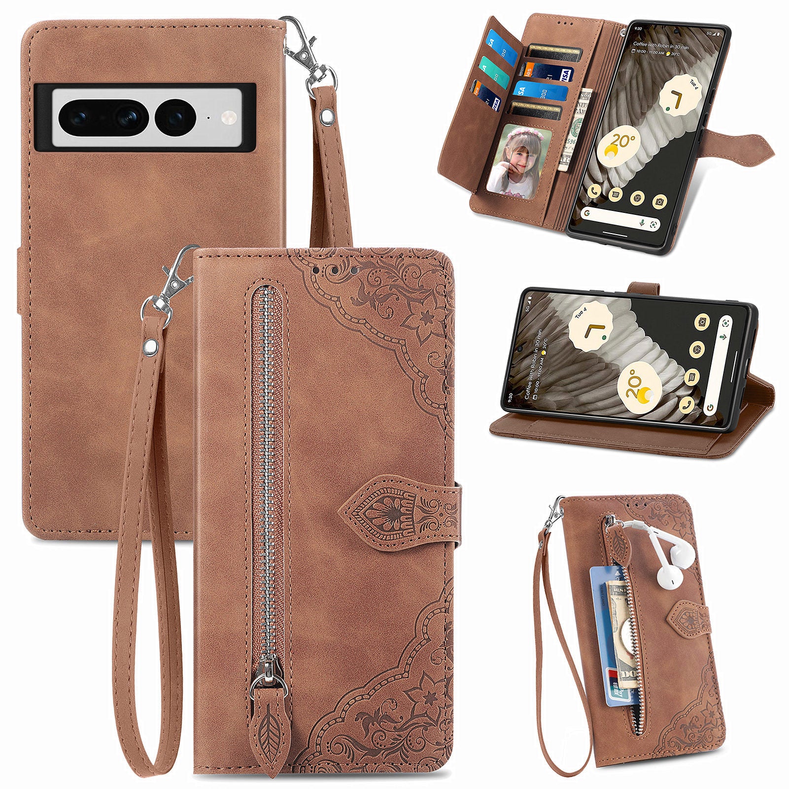 Non-slip Phone Case For Google Pixel 7 Pro 5G Flower Imprinted Pattern Drop-proof PU Leather Zipper Pocket Cell Phone Cover Stand Wallet