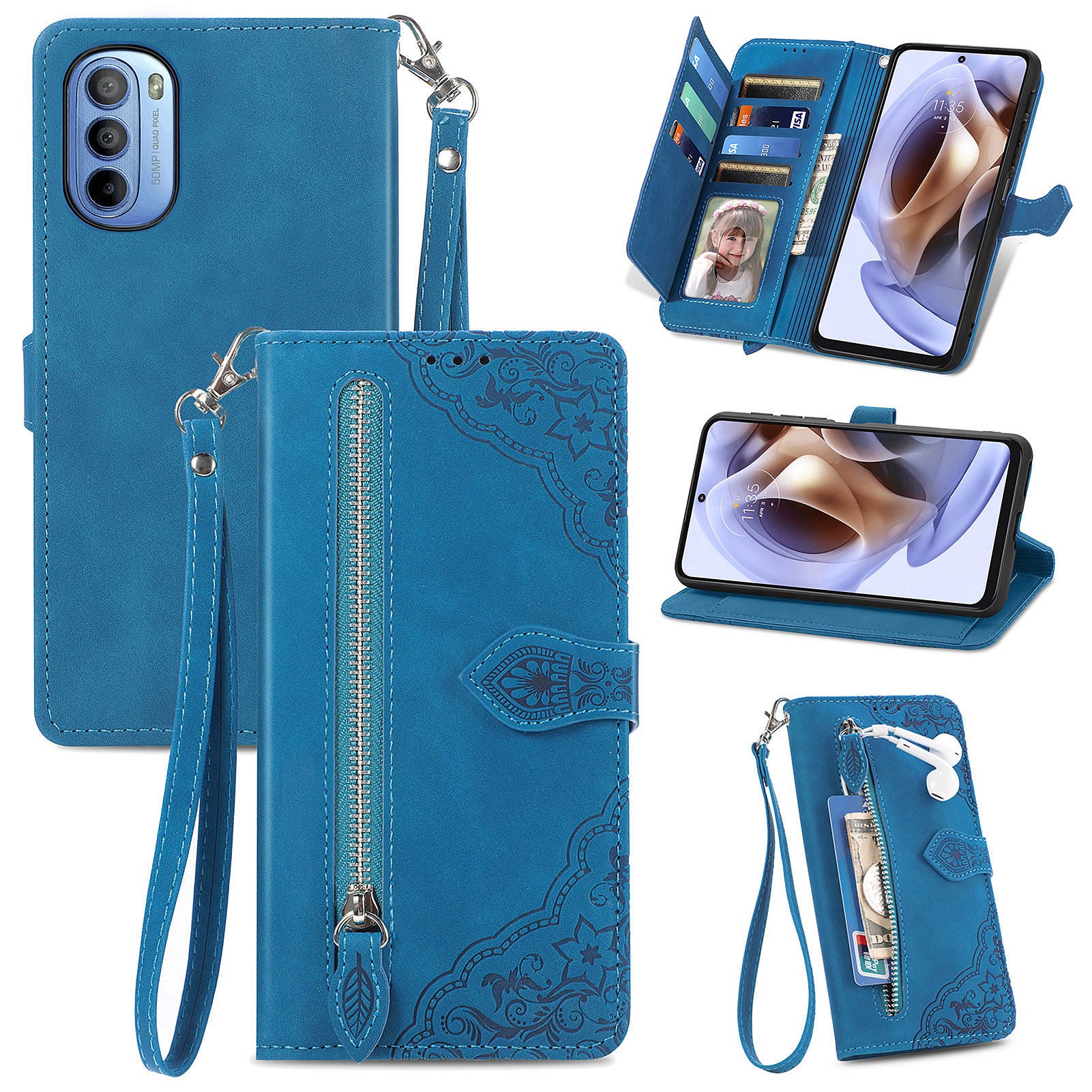 PU Leather Phone Cover For Motorola Moto G31 4G G41 4G Flower Imprinted Pattern Zipper Pocket Scratch-resistant Flip Phone Case with Wallet Stand